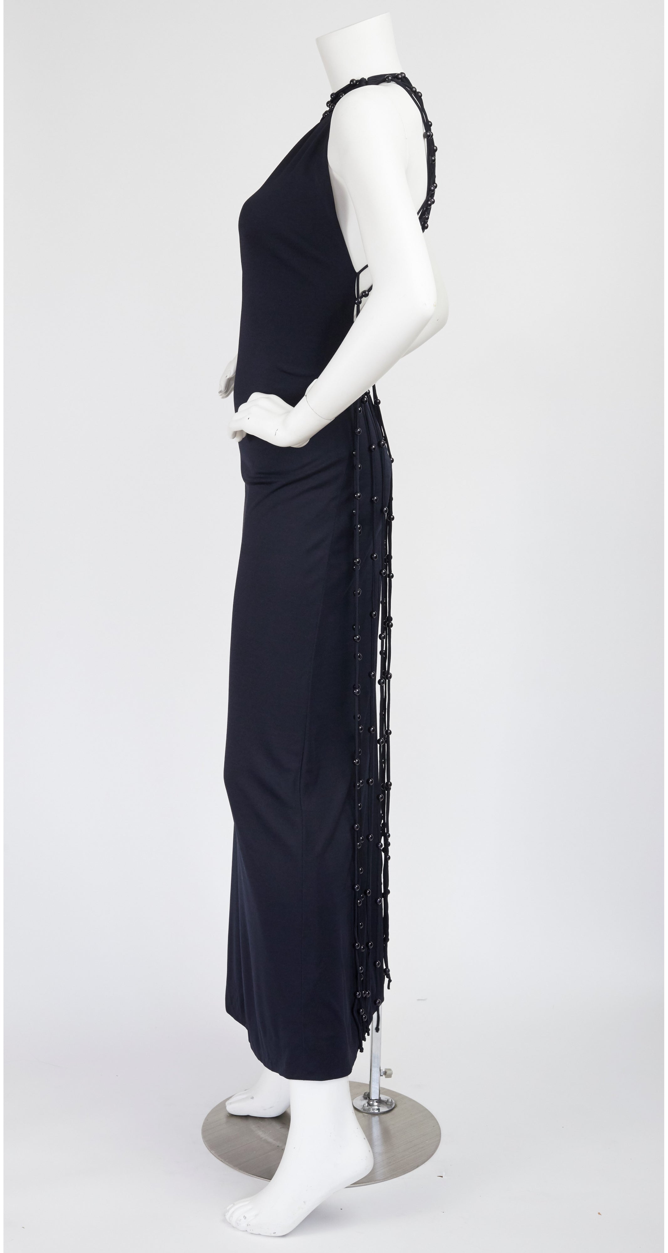 1971 Loris Azzaro Design Black Beaded Macrame Jersey Gown