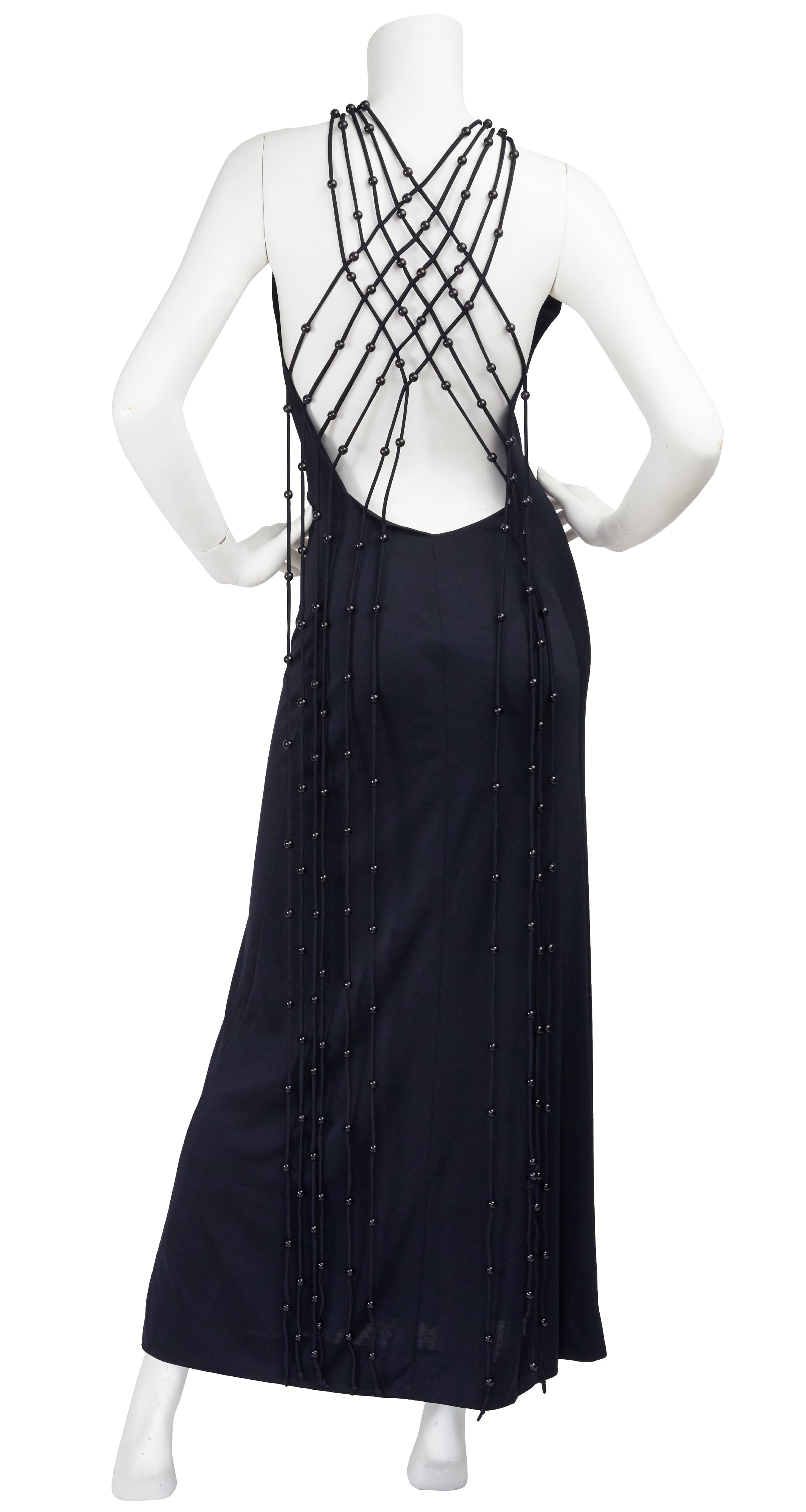 1971 Loris Azzaro Design Black Beaded Macrame Jersey Gown