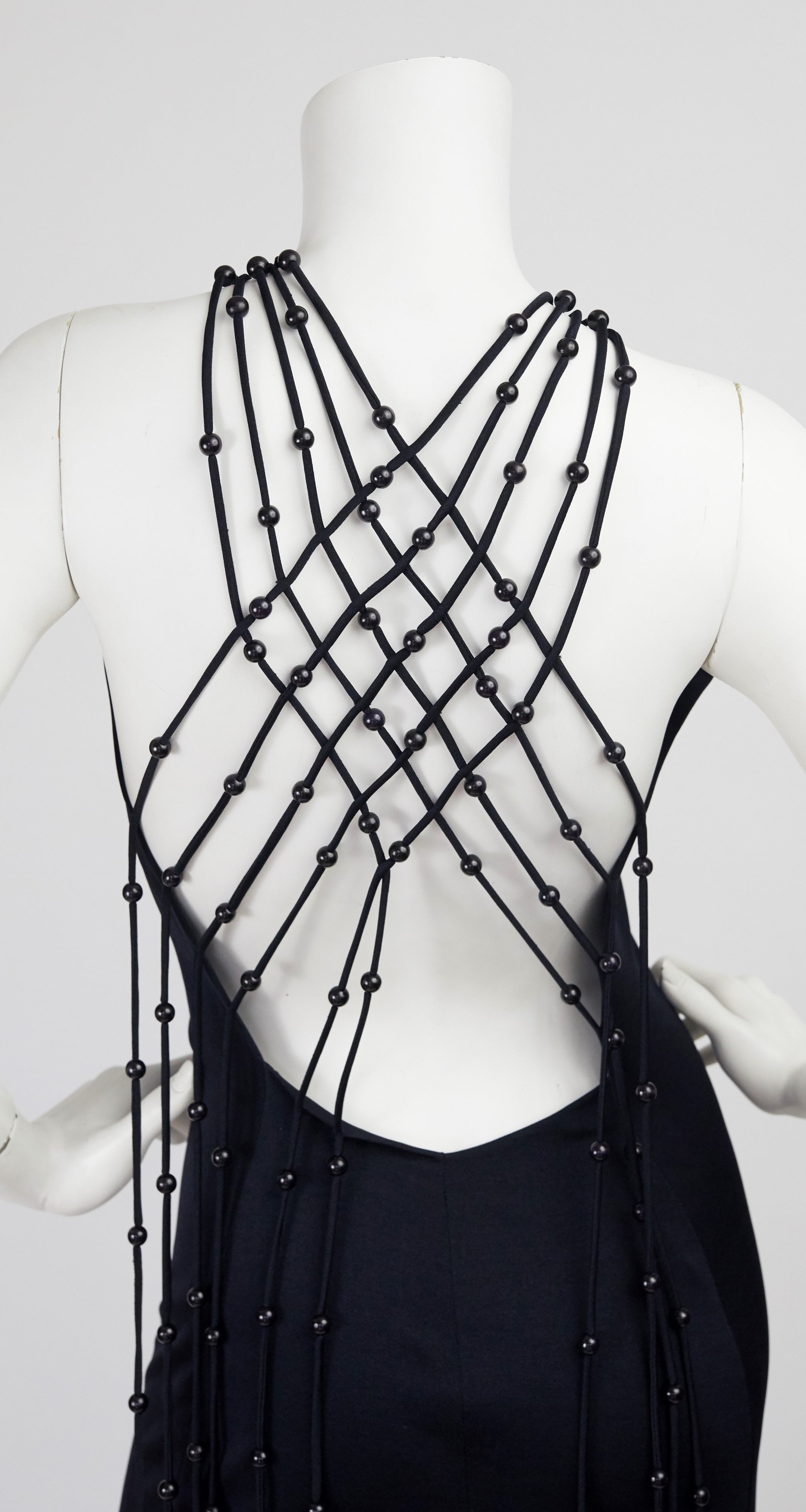 1971 Loris Azzaro Design Black Beaded Macrame Jersey Gown