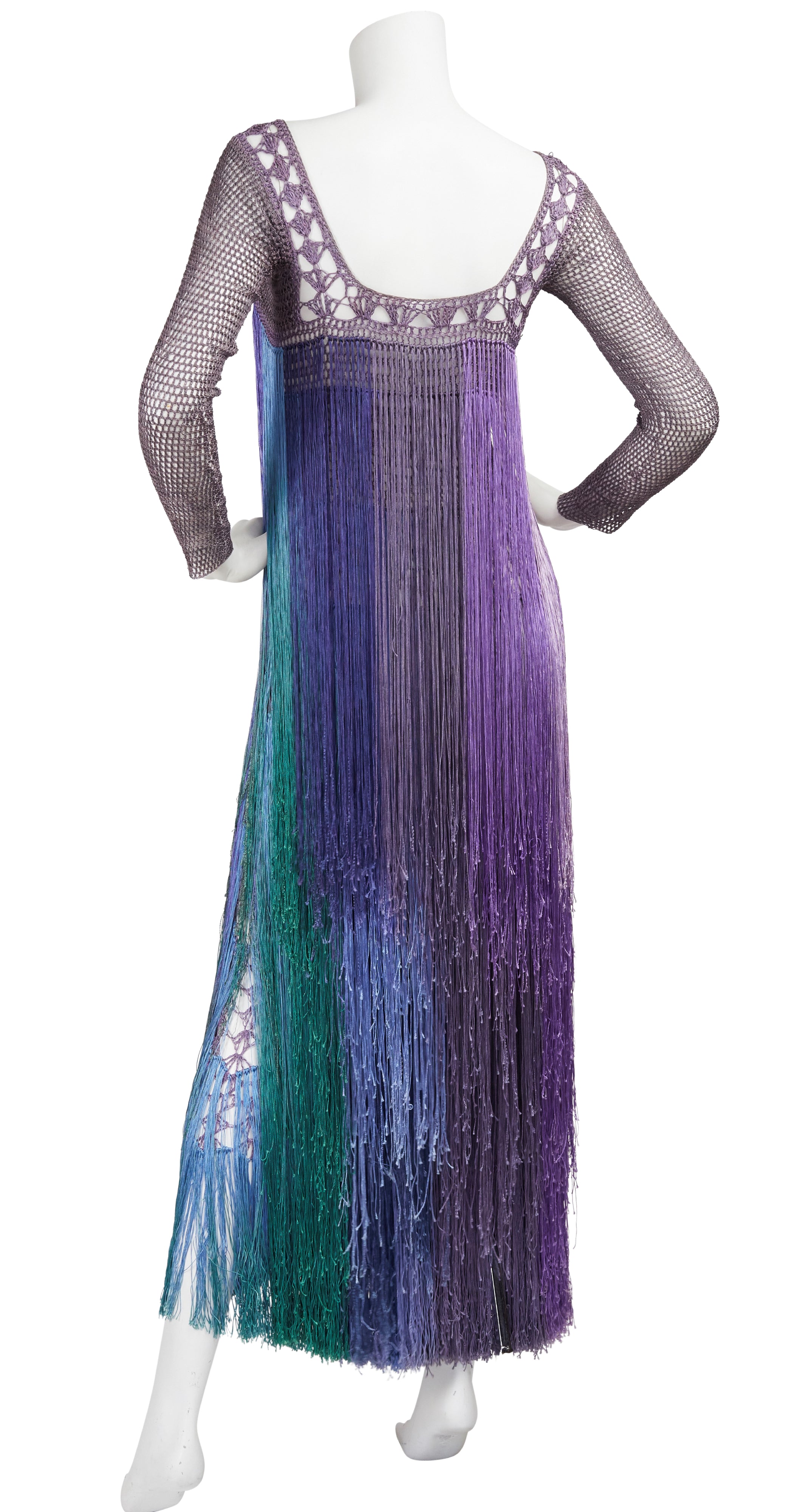 1970s Purple Crochet & Ombré Fringe Maxi Dress