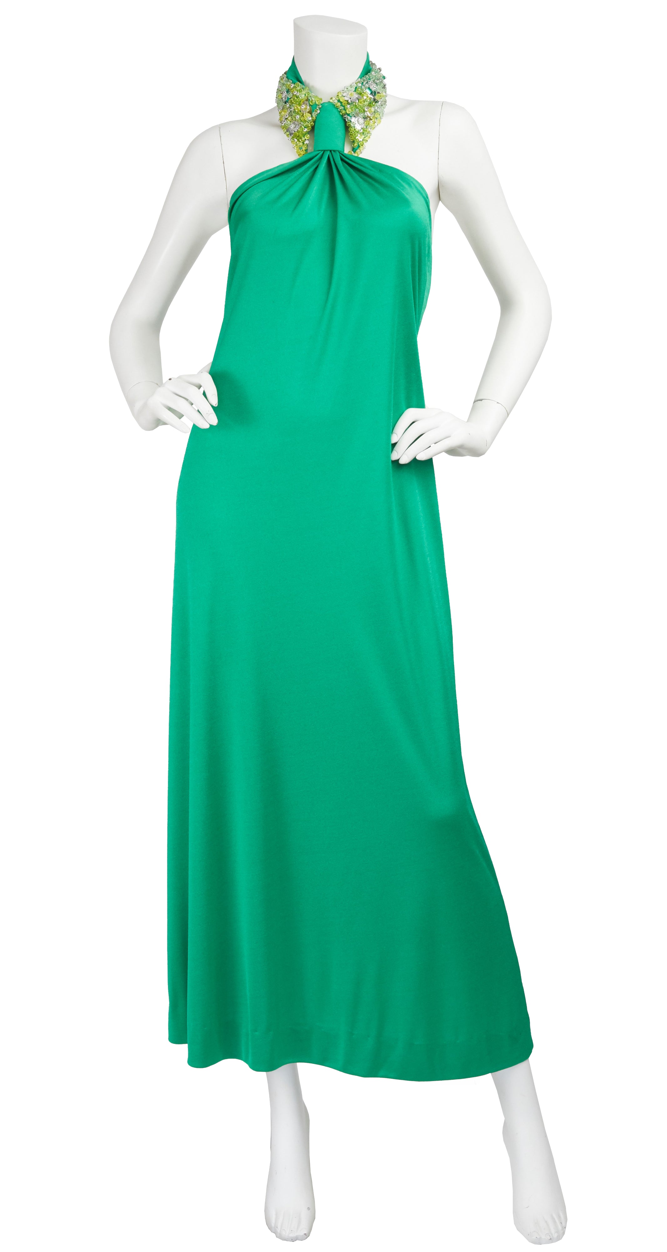 1970s Beaded Collar Green Jersey Backless Gown