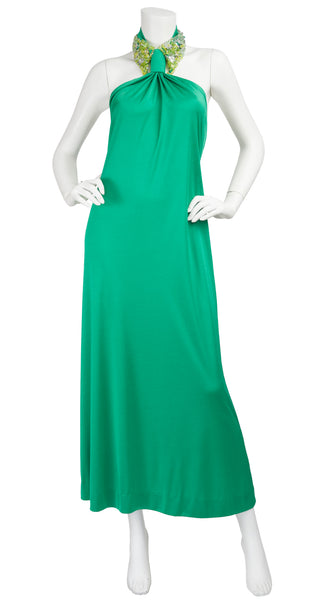 Denise Bonan 1970s Beaded Collar Green Jersey Backless Gown – Featherstone  Vintage