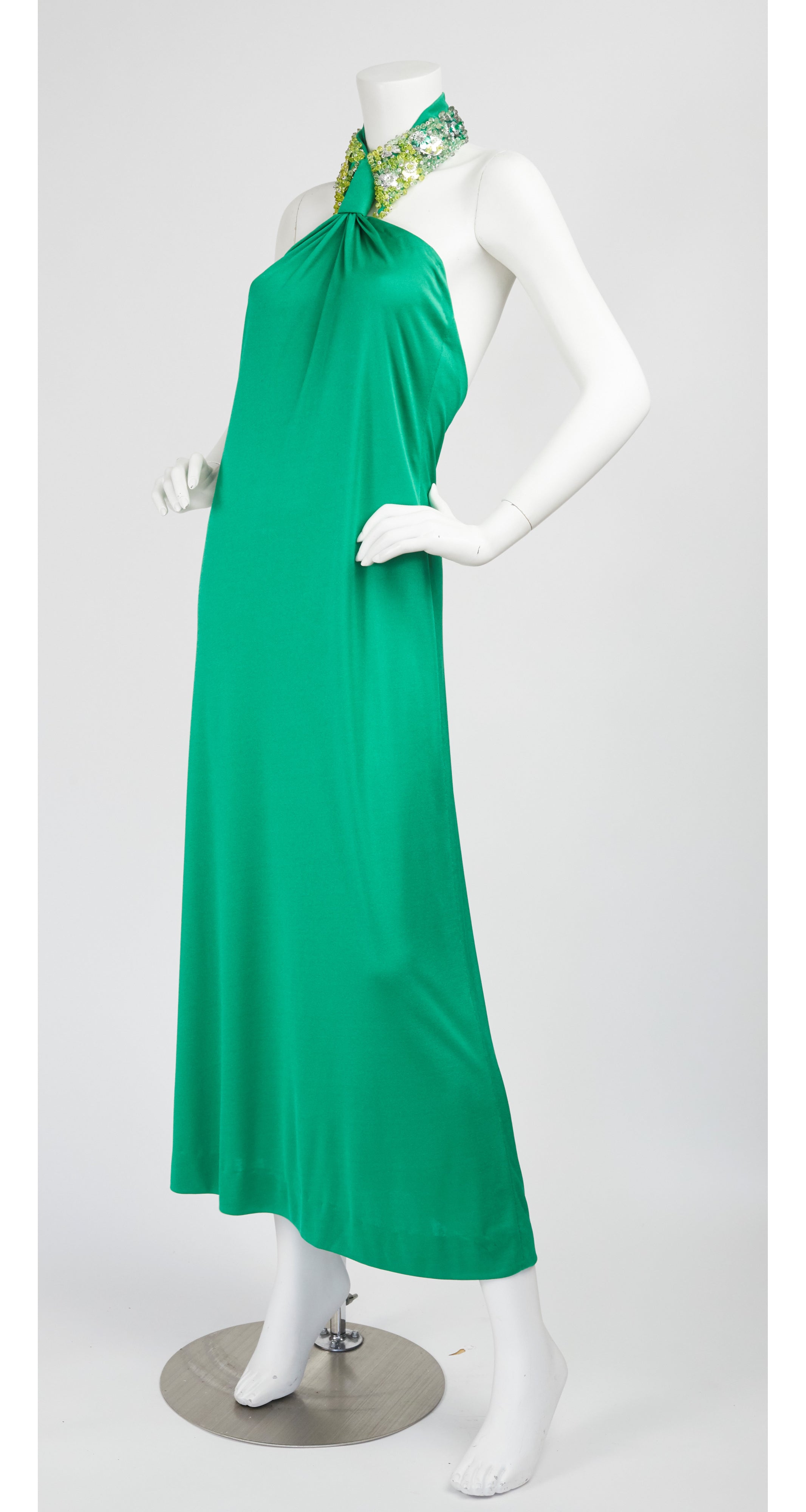 1970s Beaded Collar Green Jersey Backless Gown