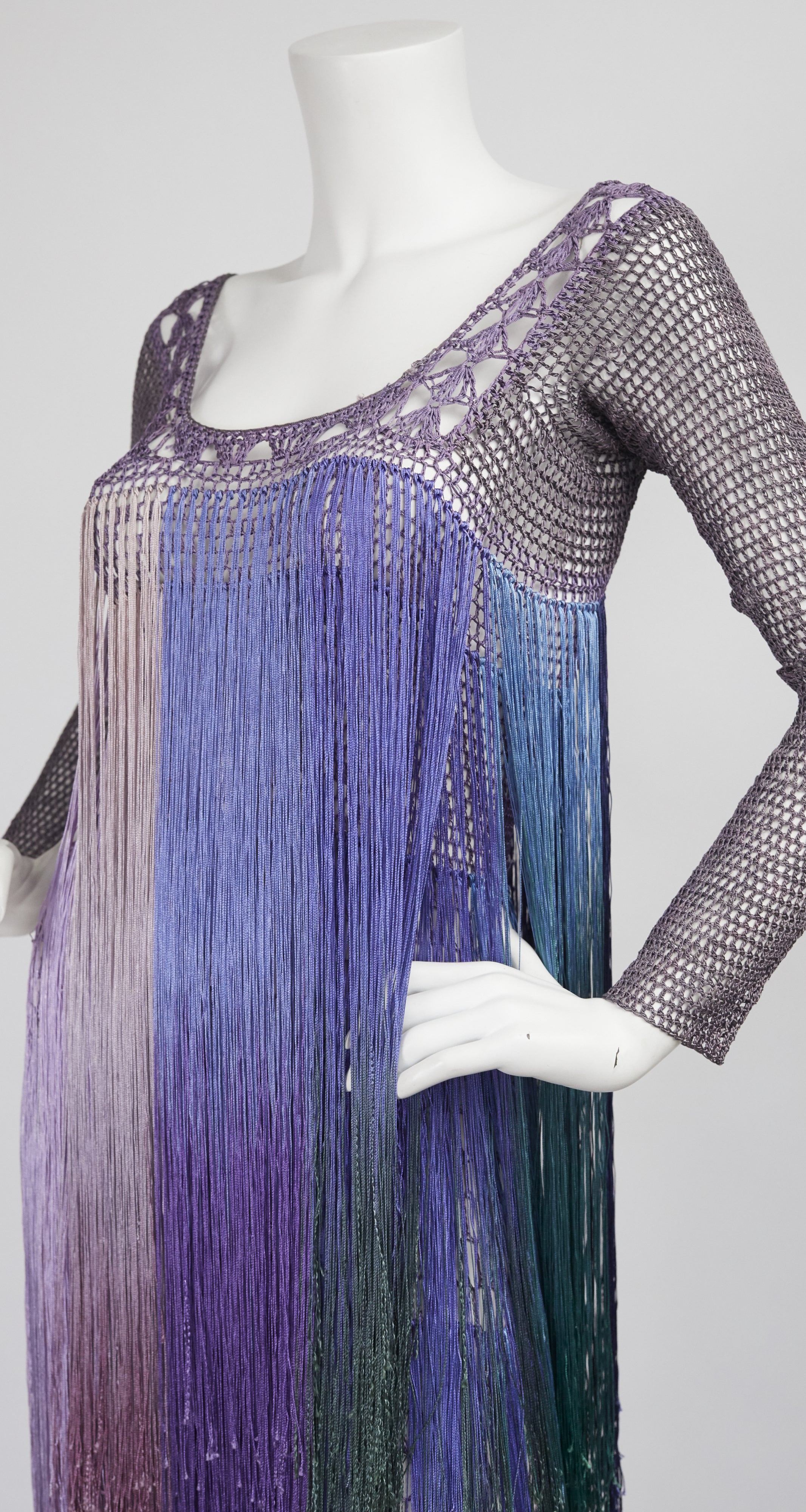 1970s Purple Crochet & Ombré Fringe Maxi Dress