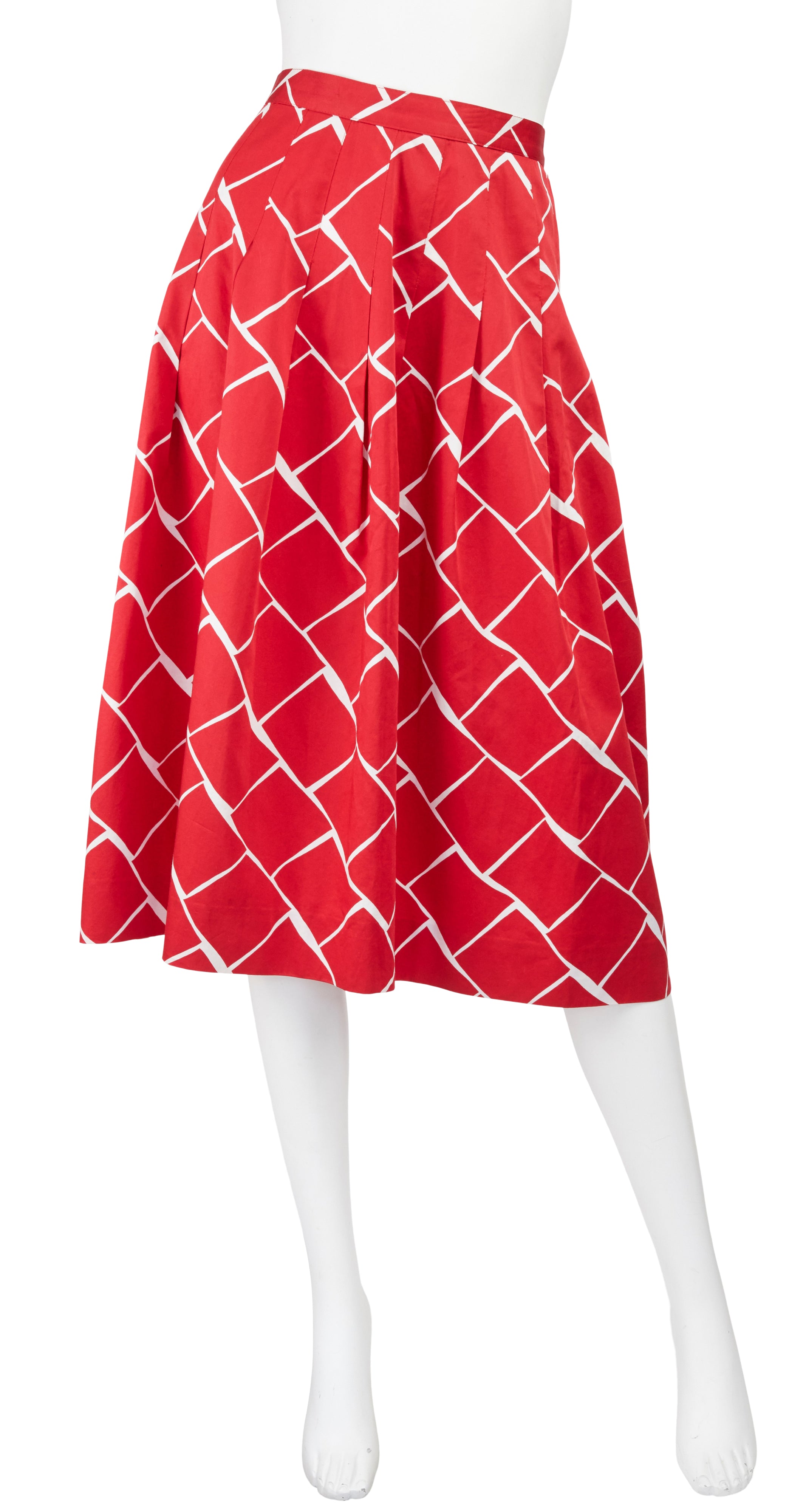 1970s Red & White Cotton Graphic Pleated Skirt