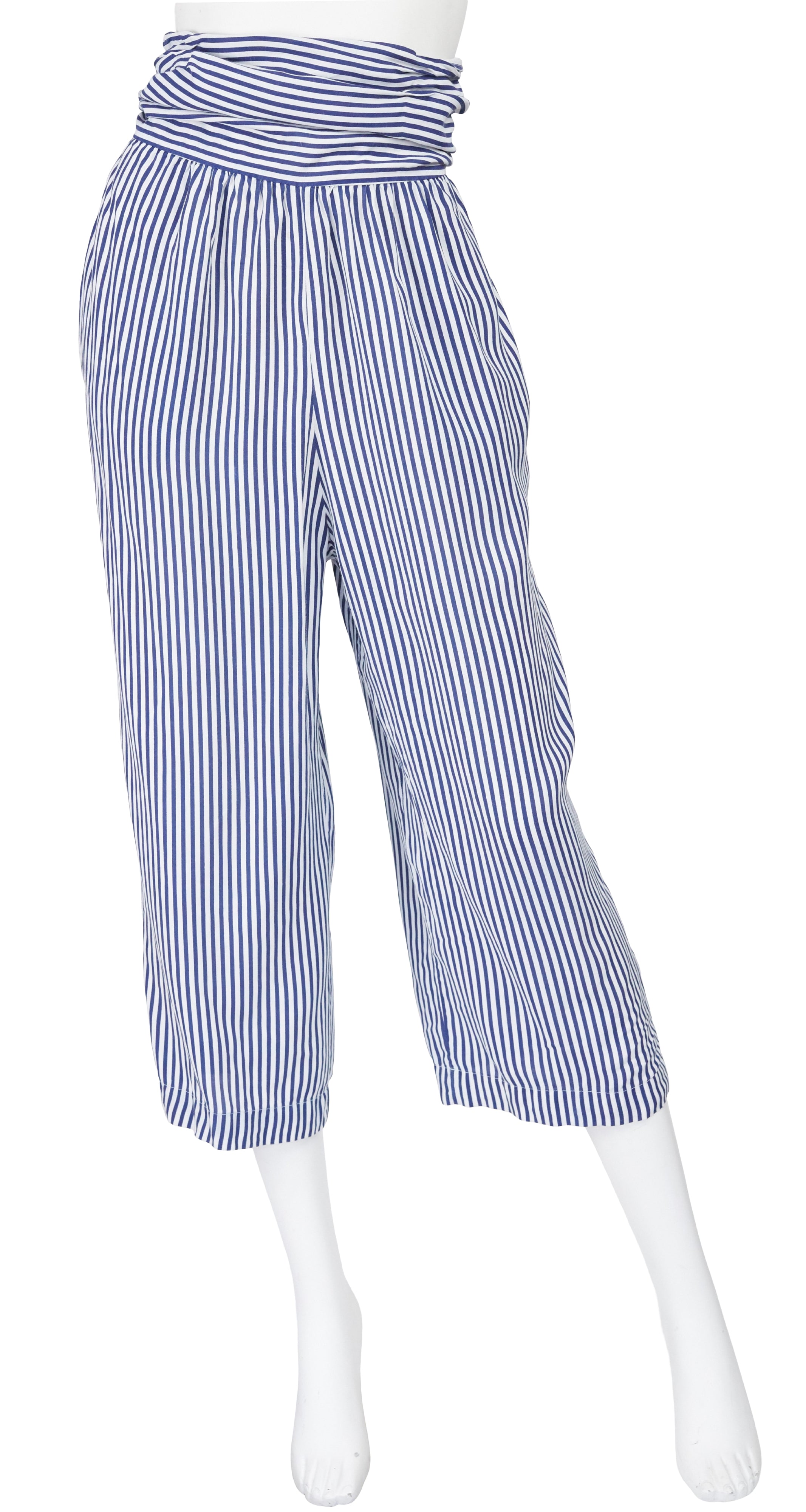 1970s White & Blue Striped Cotton High-Waisted Pants