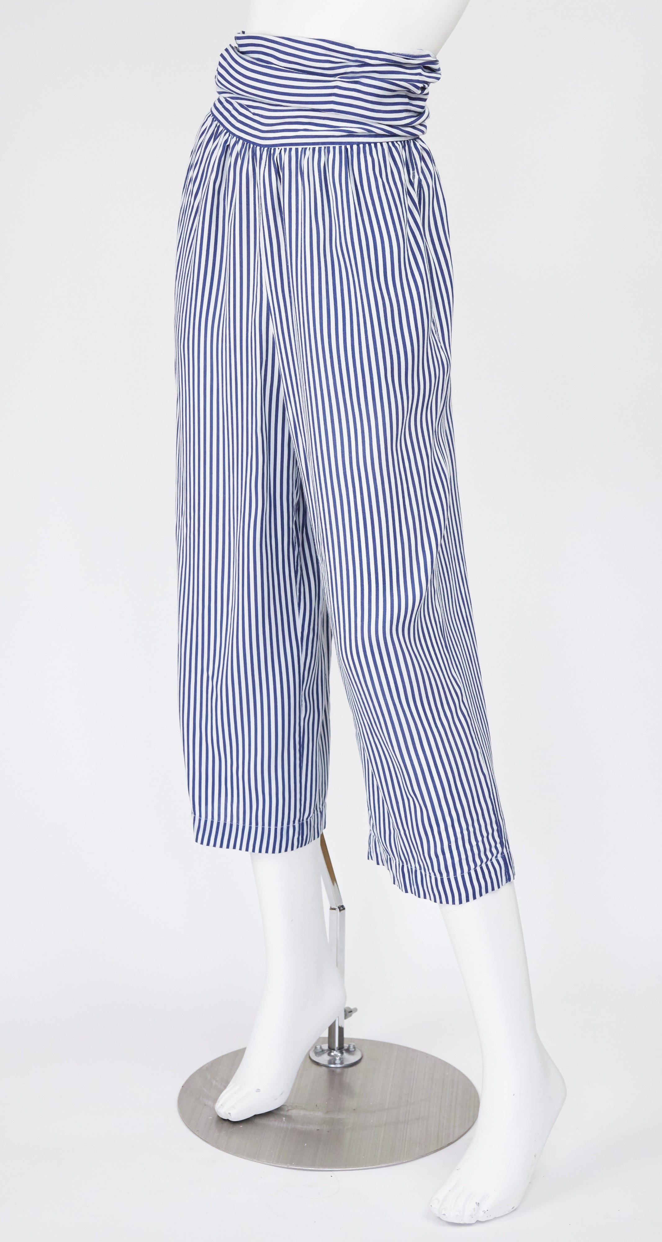 1970s White & Blue Striped Cotton High-Waisted Pants