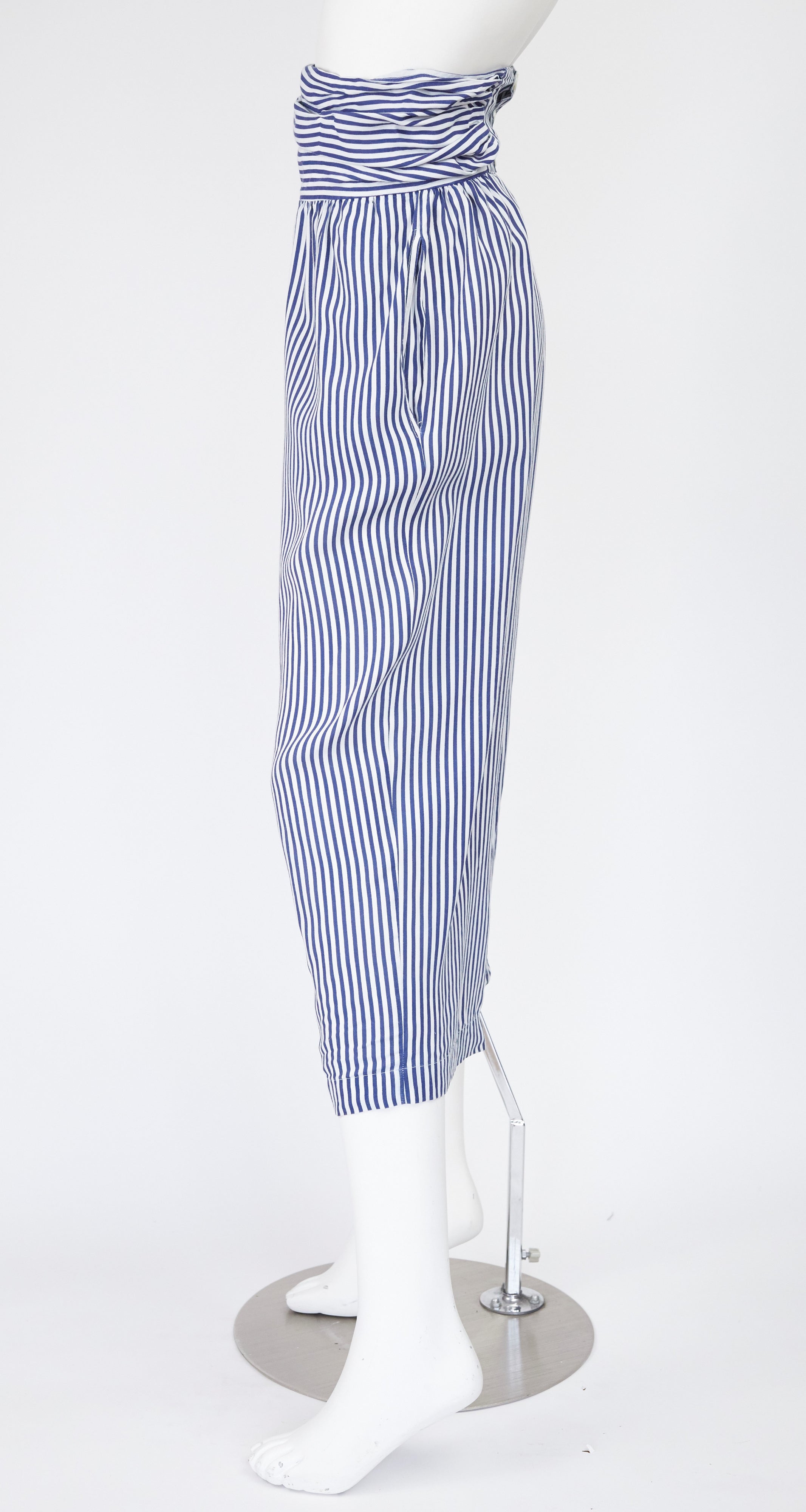 1970s White & Blue Striped Cotton High-Waisted Pants