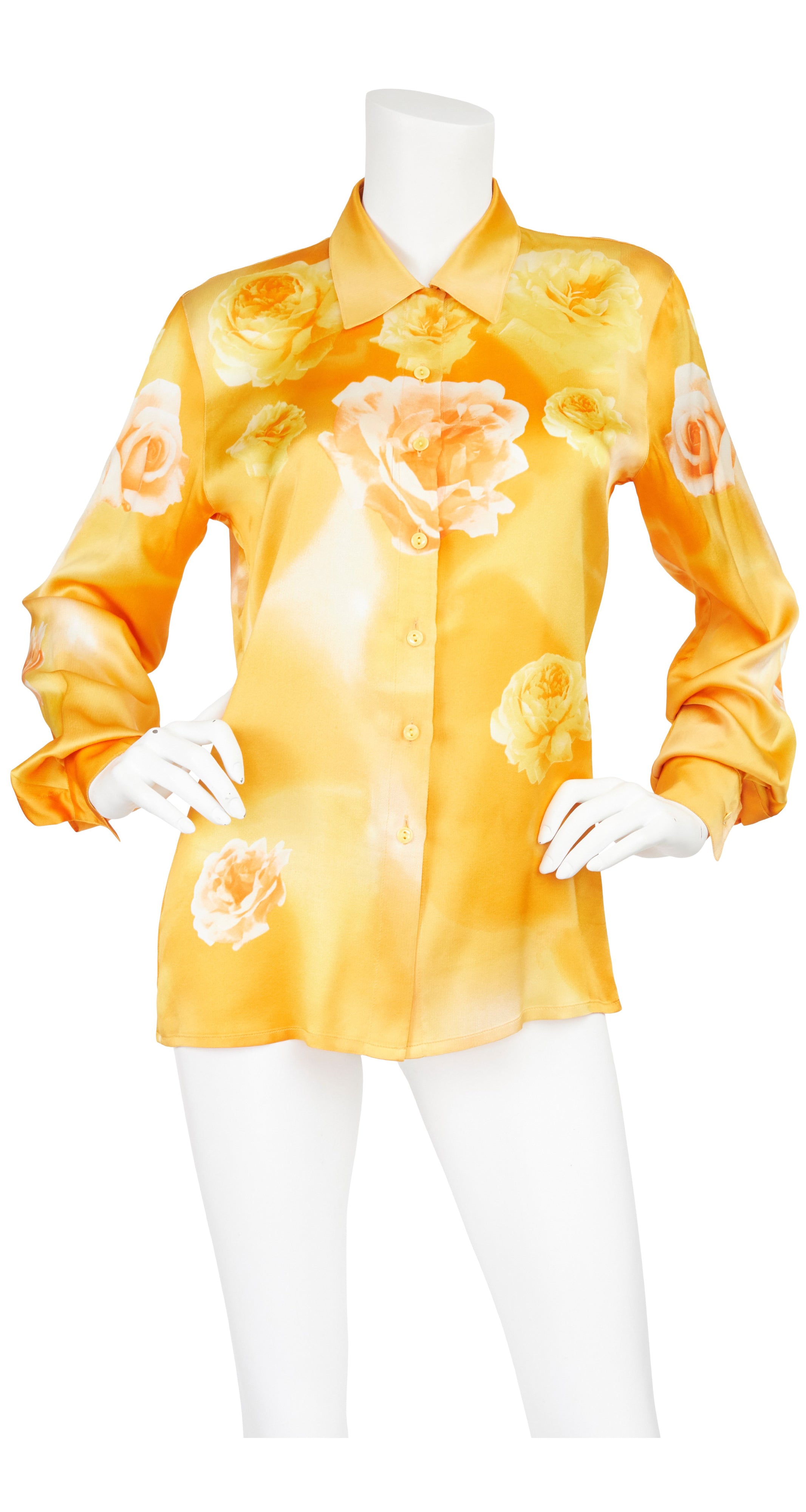 1990s Rose Photoprint Silk Collared Blouse