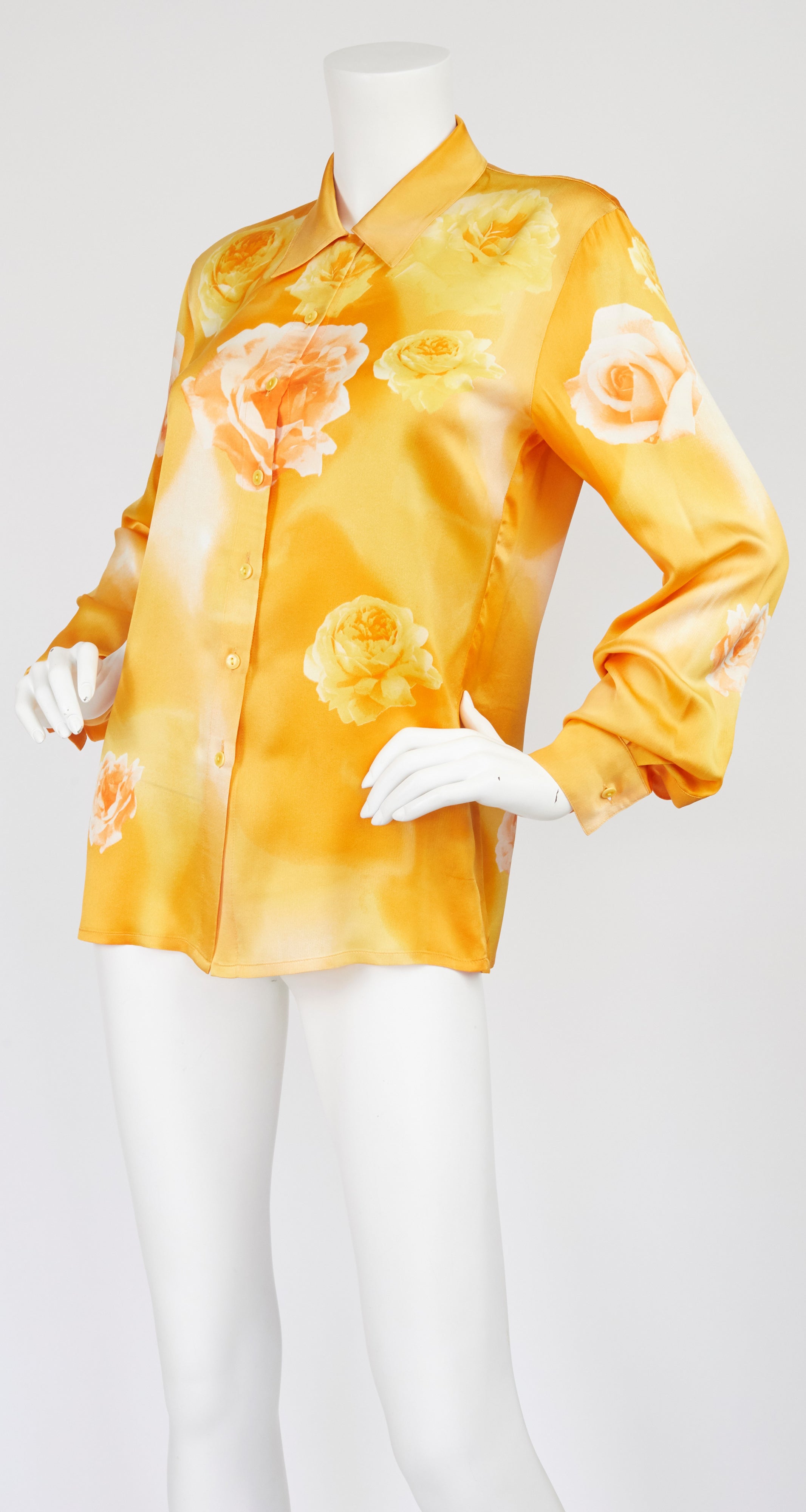 1990s Rose Photoprint Silk Collared Blouse