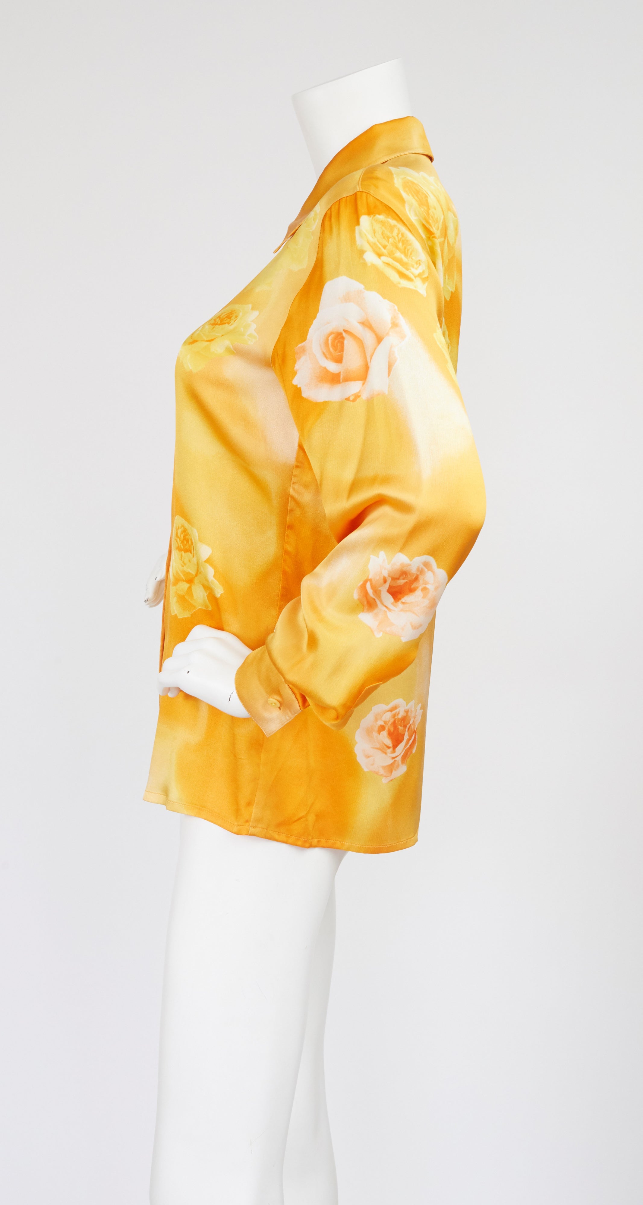 1990s Rose Photoprint Silk Collared Blouse