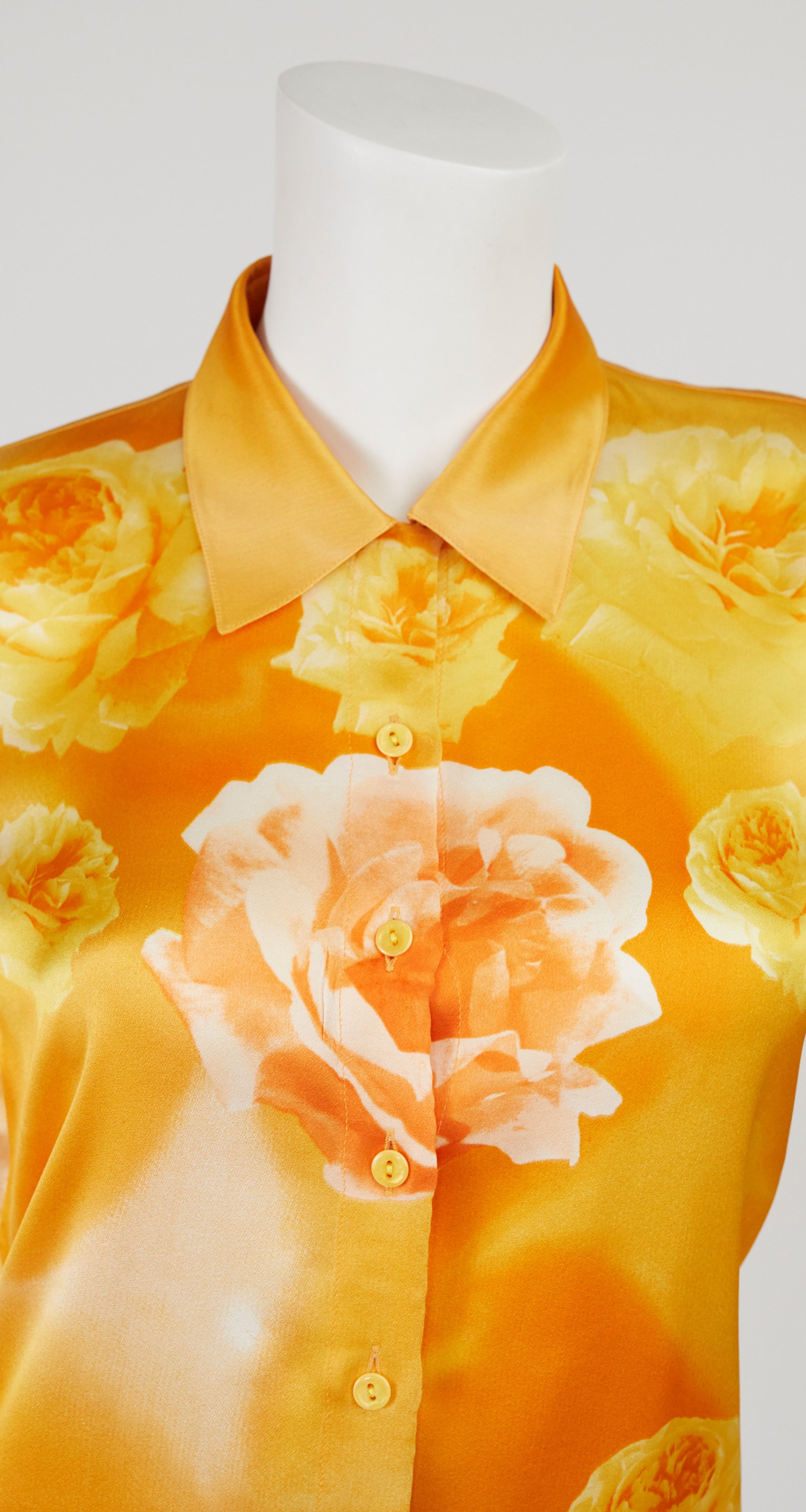 1990s Rose Photoprint Silk Collared Blouse