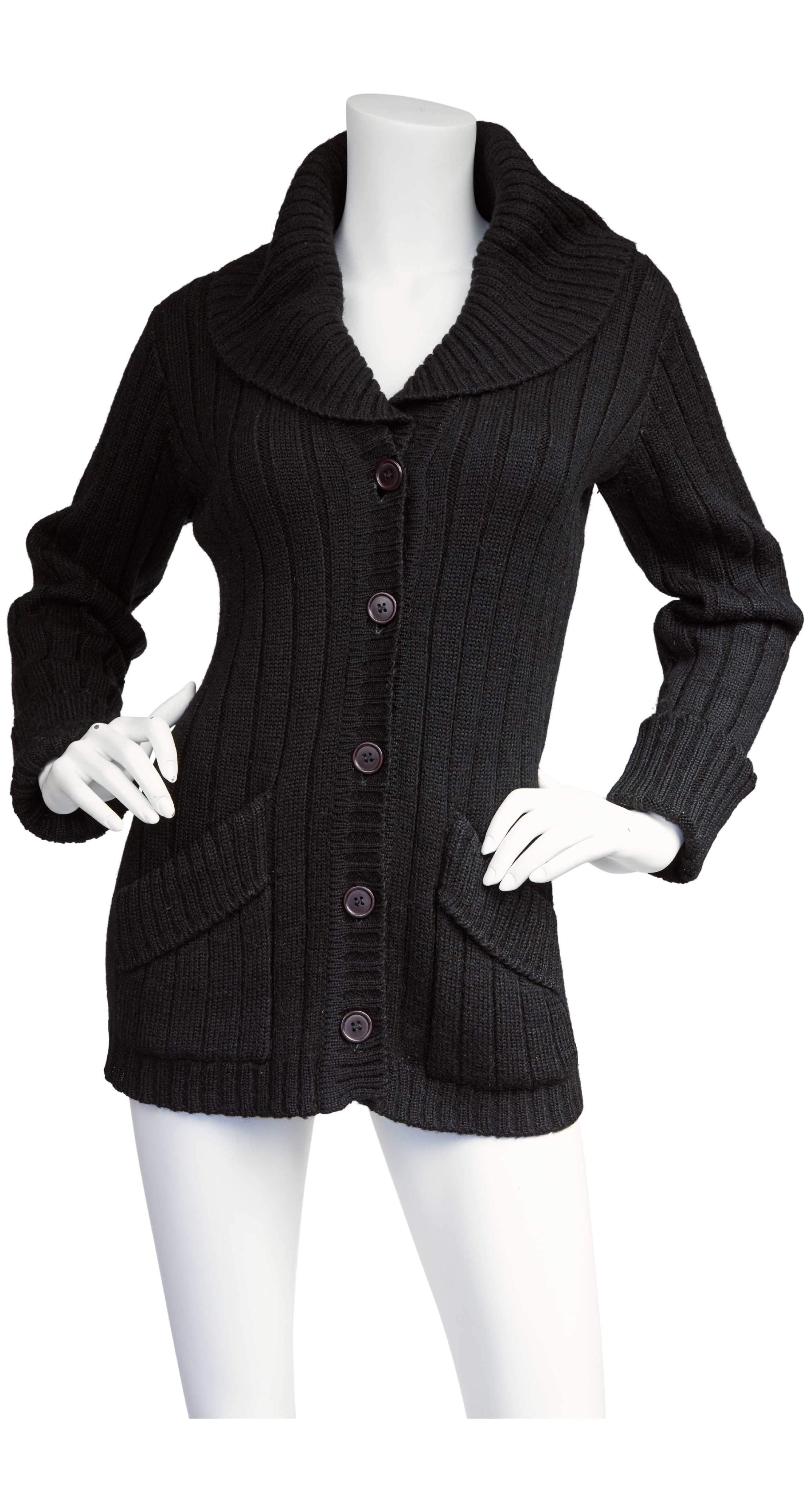 1970s Black Ribbed Wool Collared Cardigan