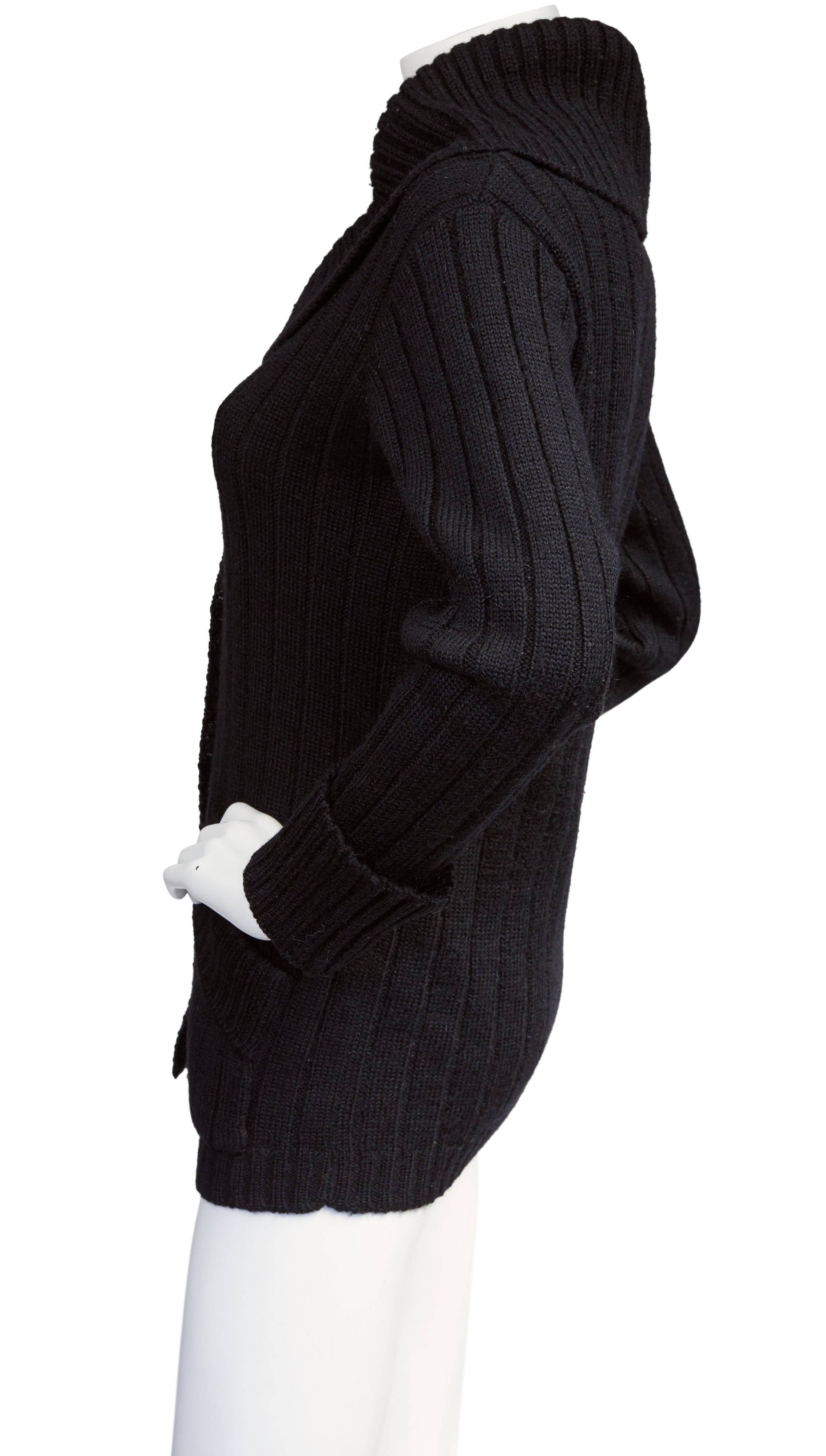 1970s Black Ribbed Wool Collared Cardigan