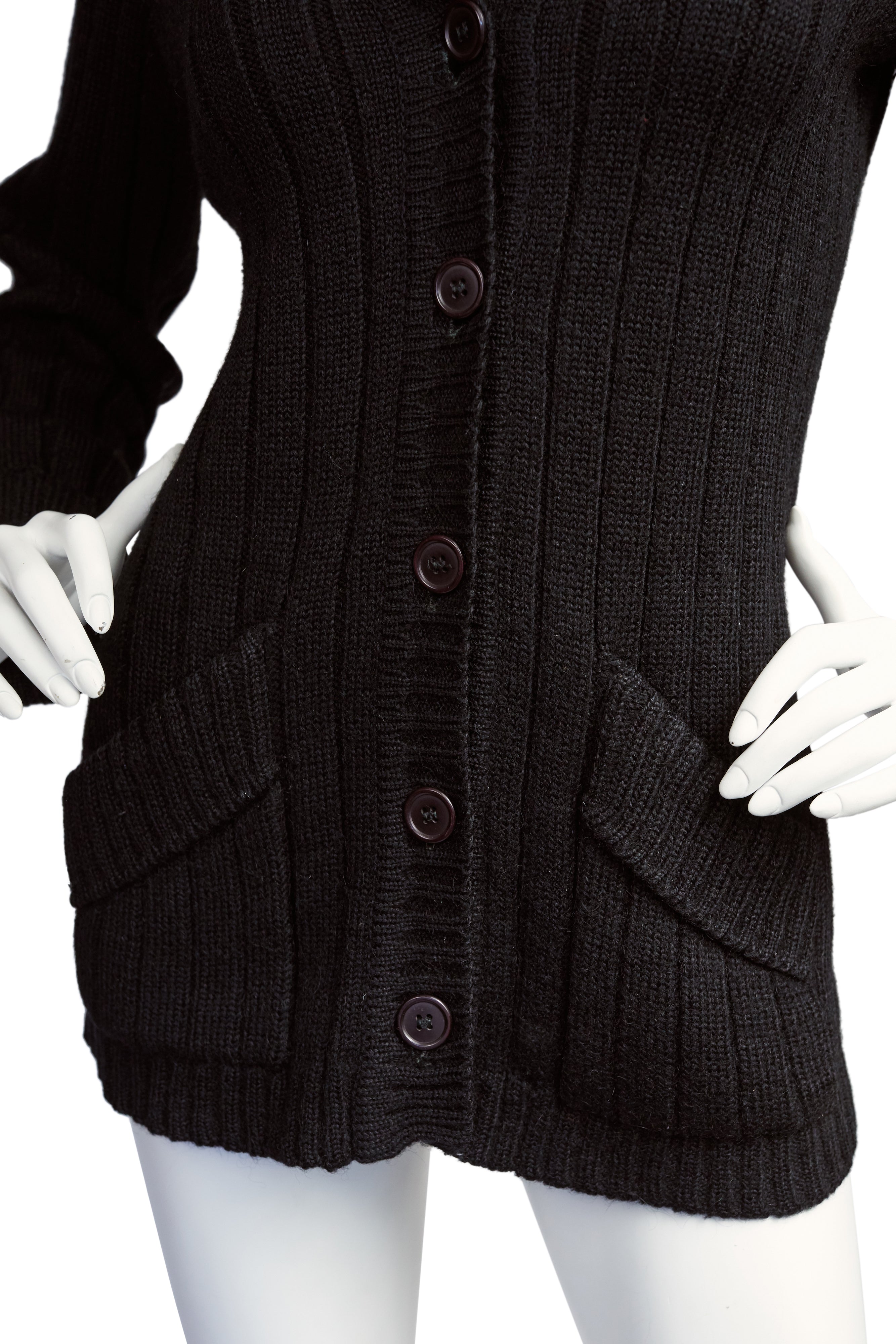 1970s Black Ribbed Wool Collared Cardigan