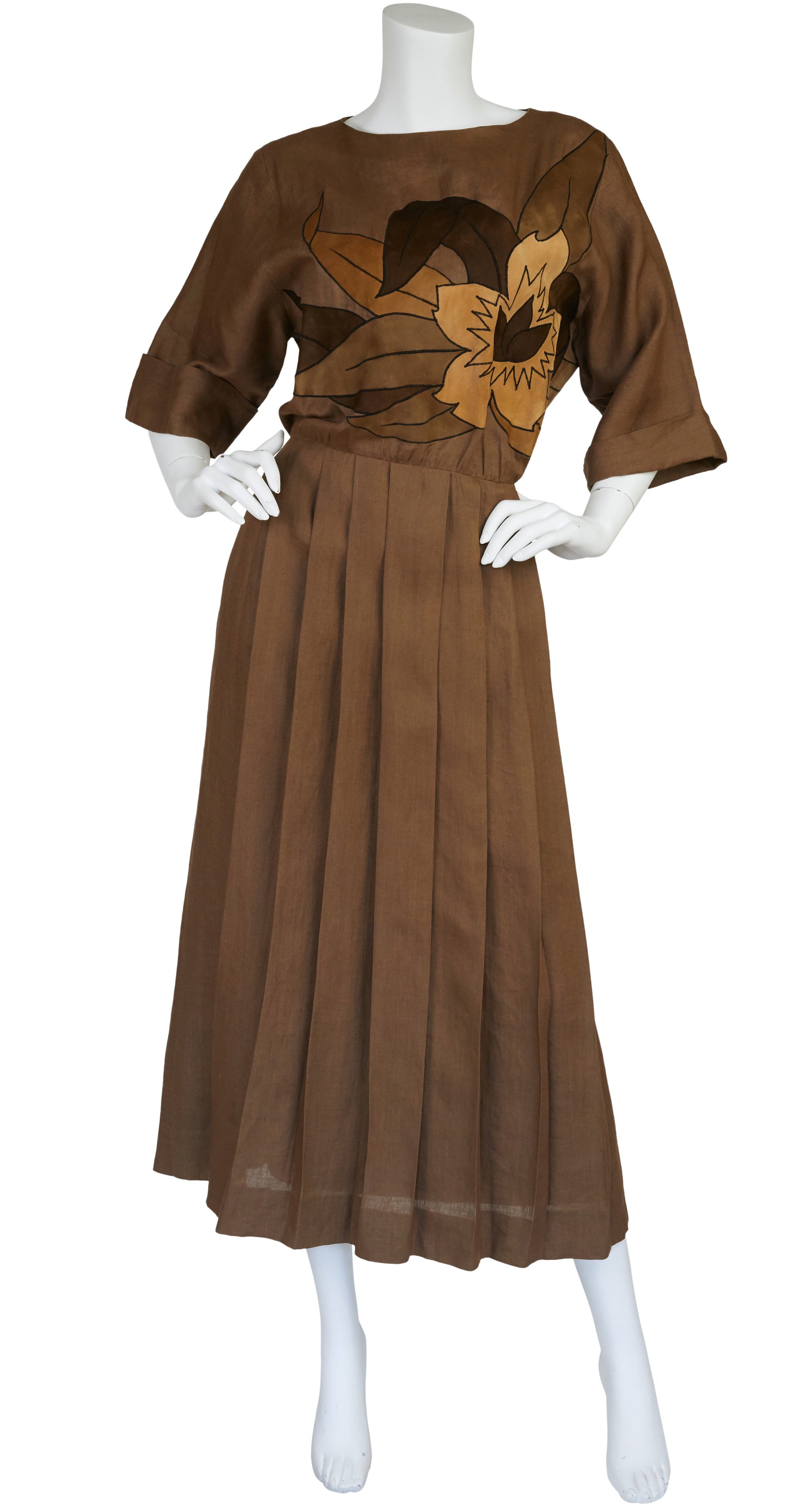 1980s Floral Suede Applique & Linen Pleated Dress
