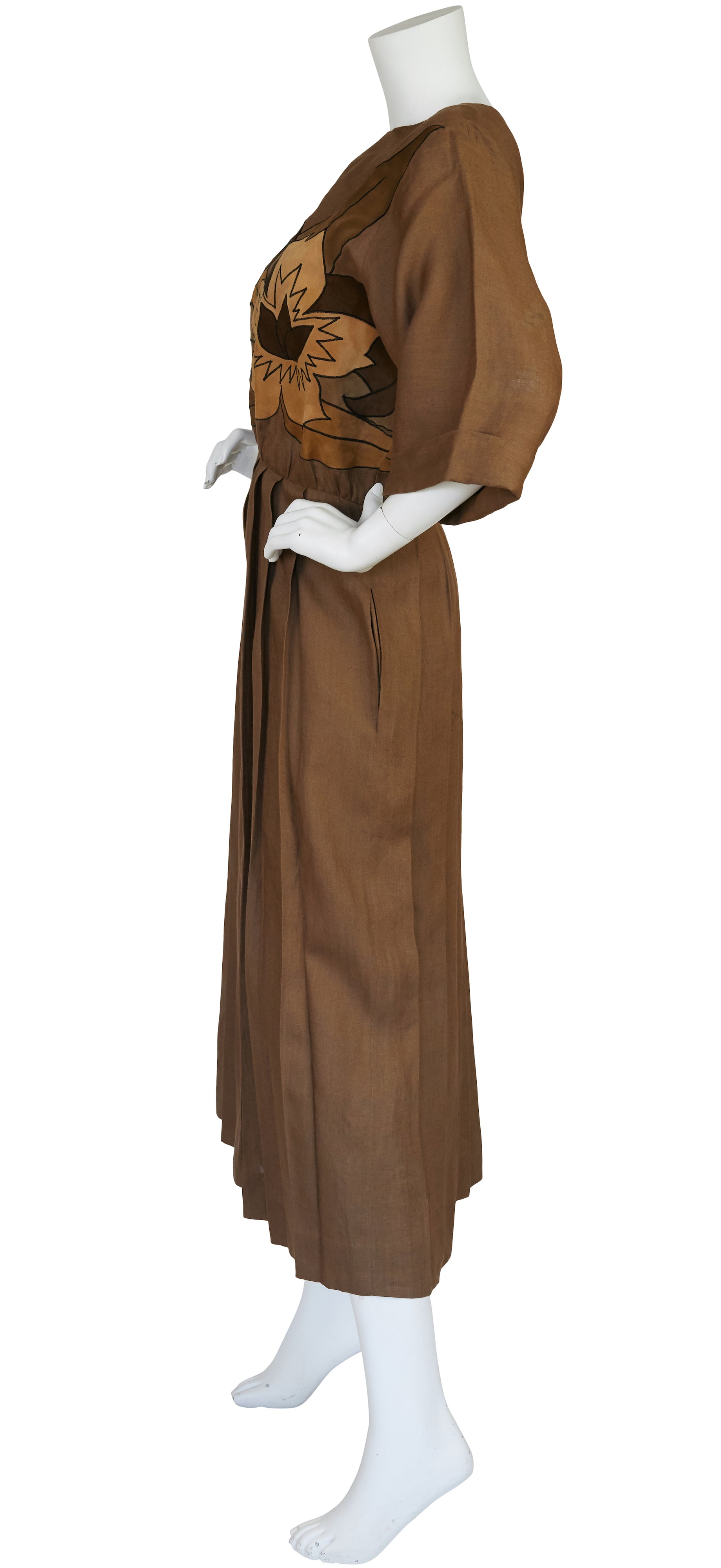 1980s Floral Suede Applique & Linen Pleated Dress