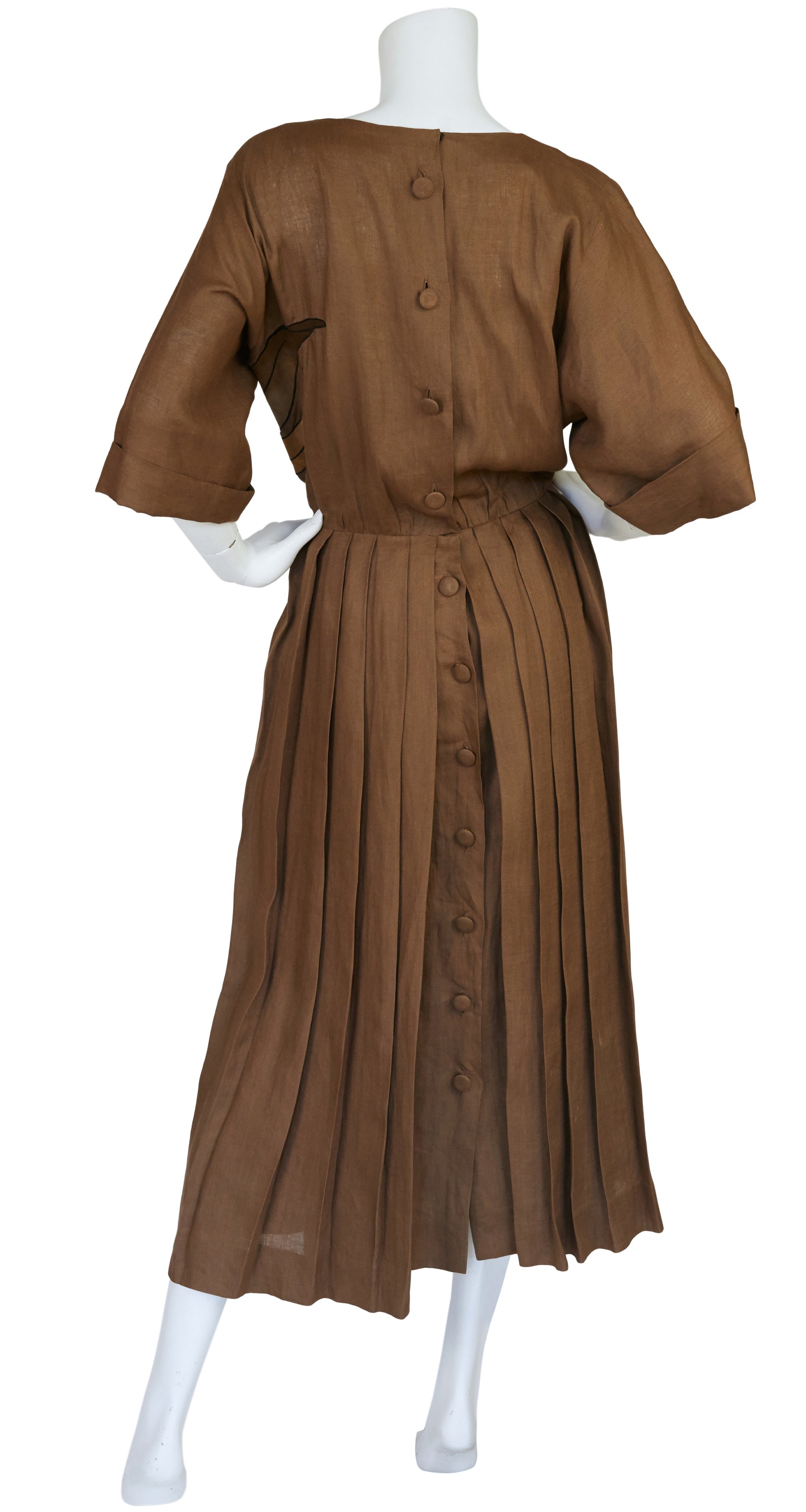 1980s Floral Suede Applique & Linen Pleated Dress