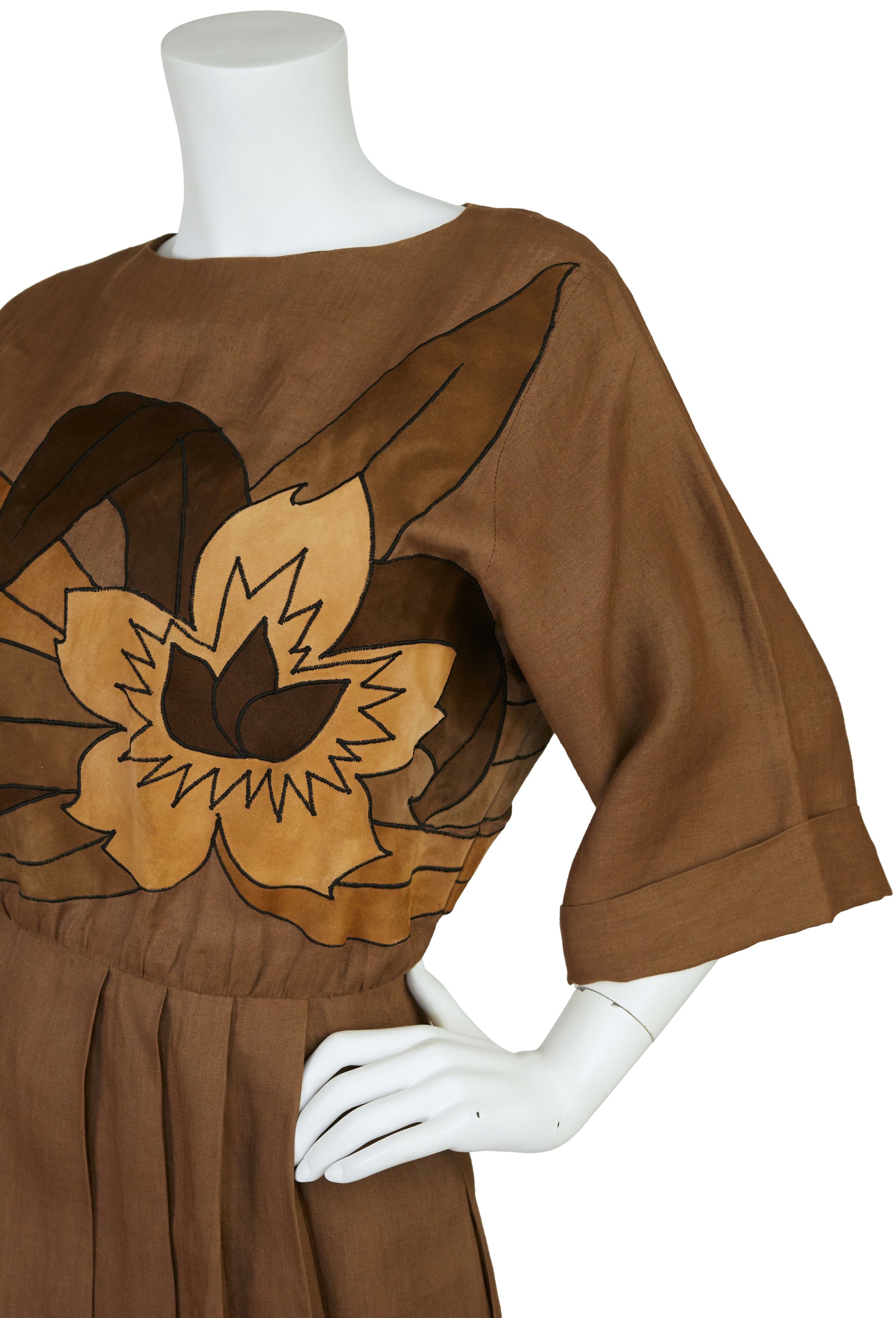 1980s Floral Suede Applique & Linen Pleated Dress