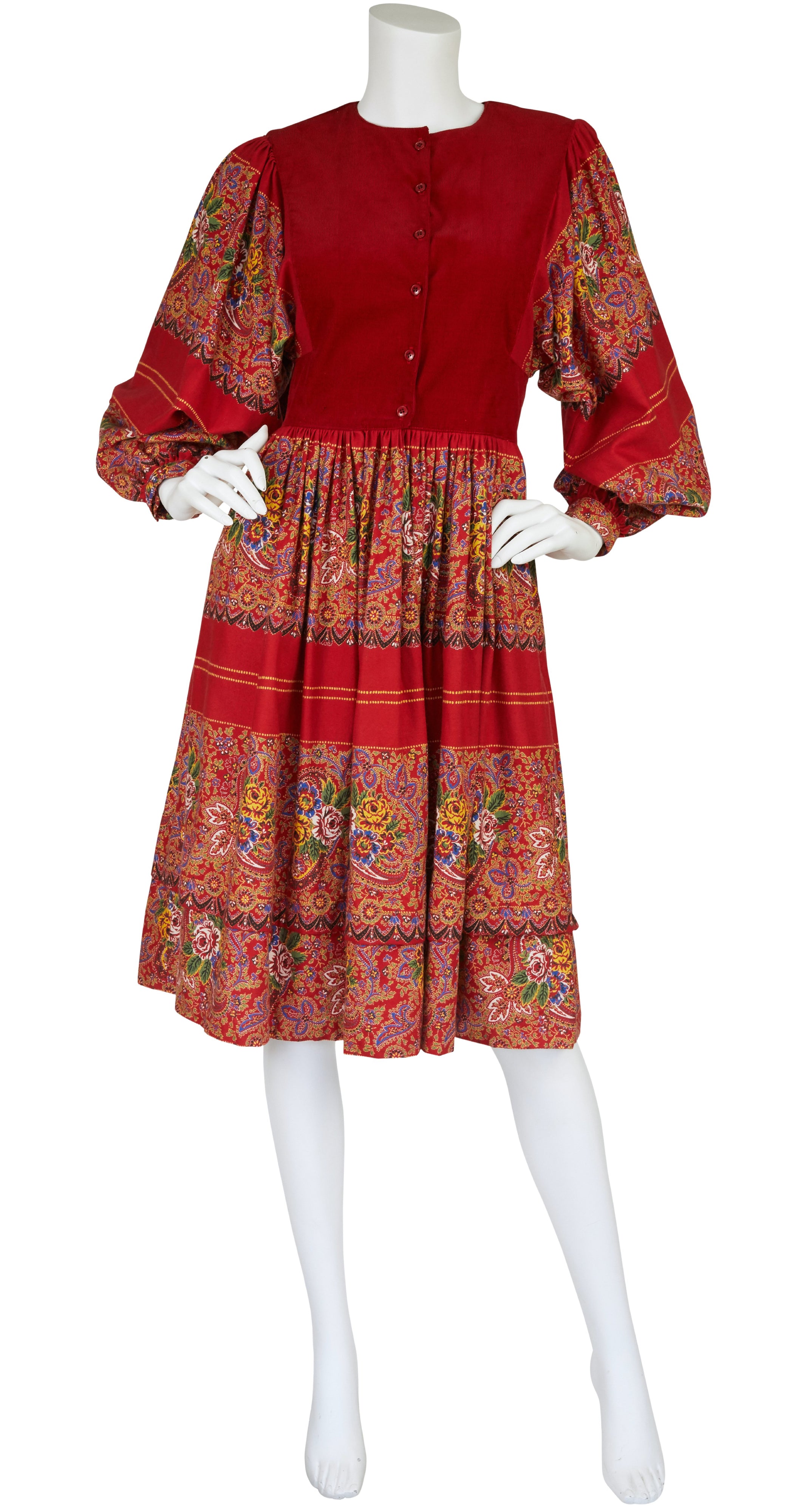 1970s Red Floral and Paisley Cotton Poet Sleeve Dress
