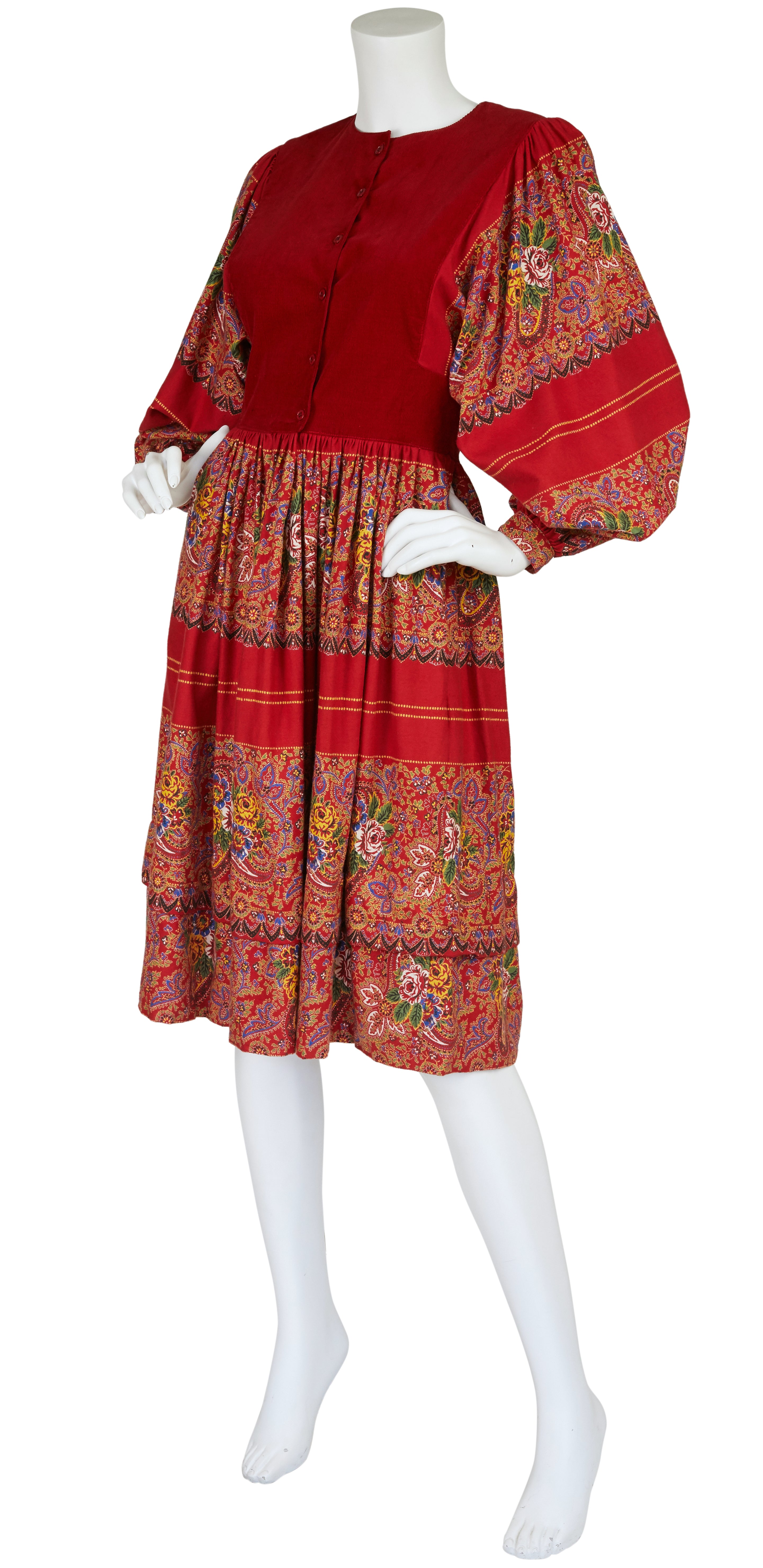 1970s Red Floral and Paisley Cotton Poet Sleeve Dress