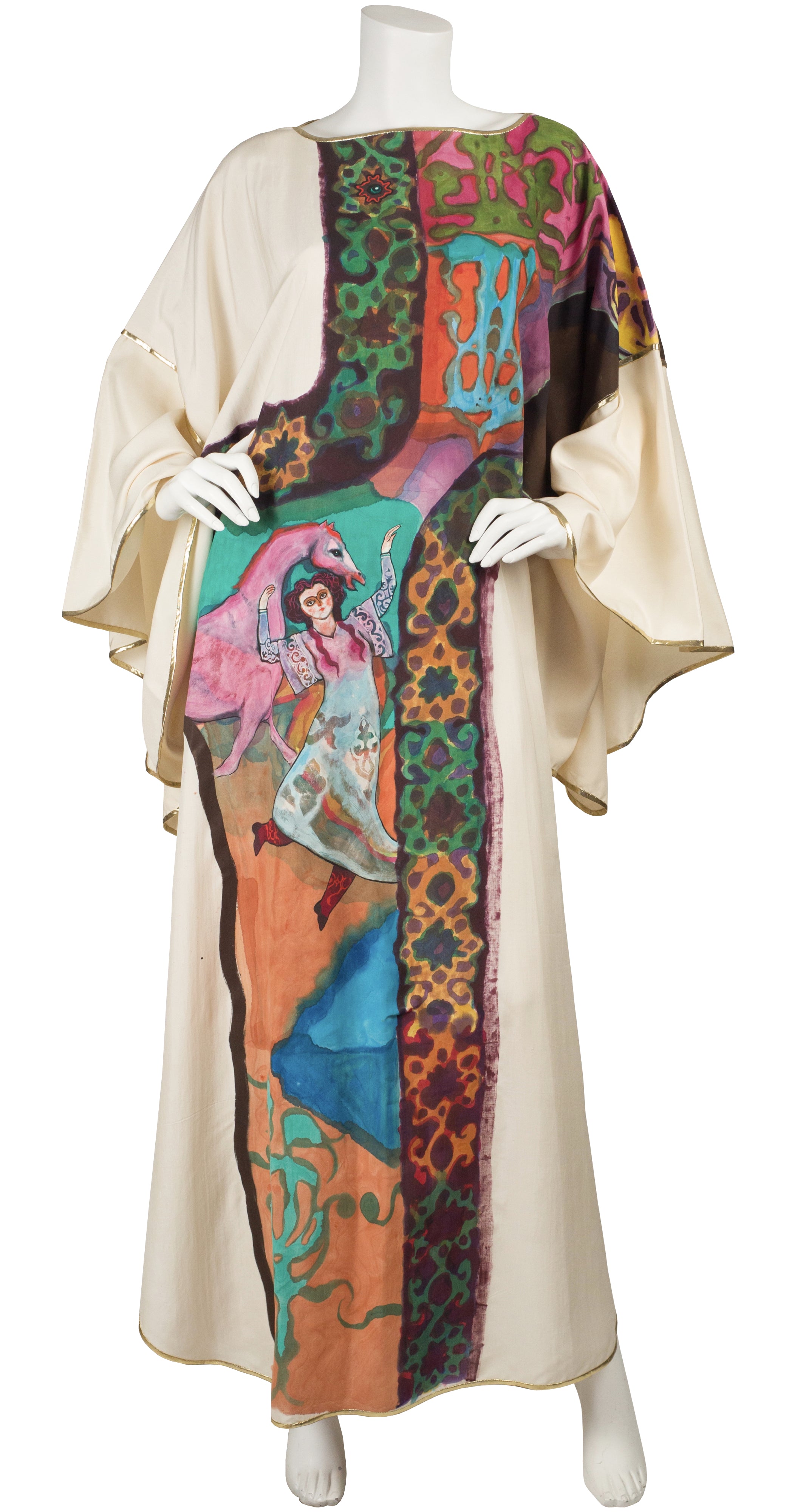 1980s Wearable Art Hand-Painted Cream Silk Caftan