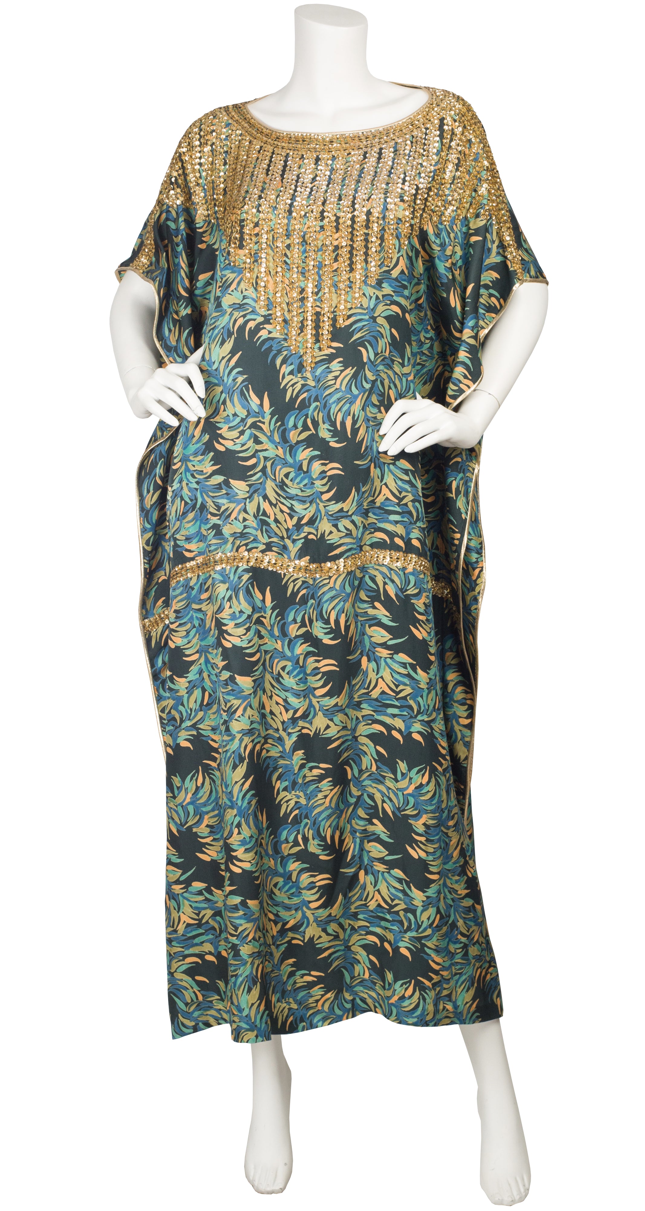 1970s Gold Embellished Blue & Green Silk Twill Caftan
