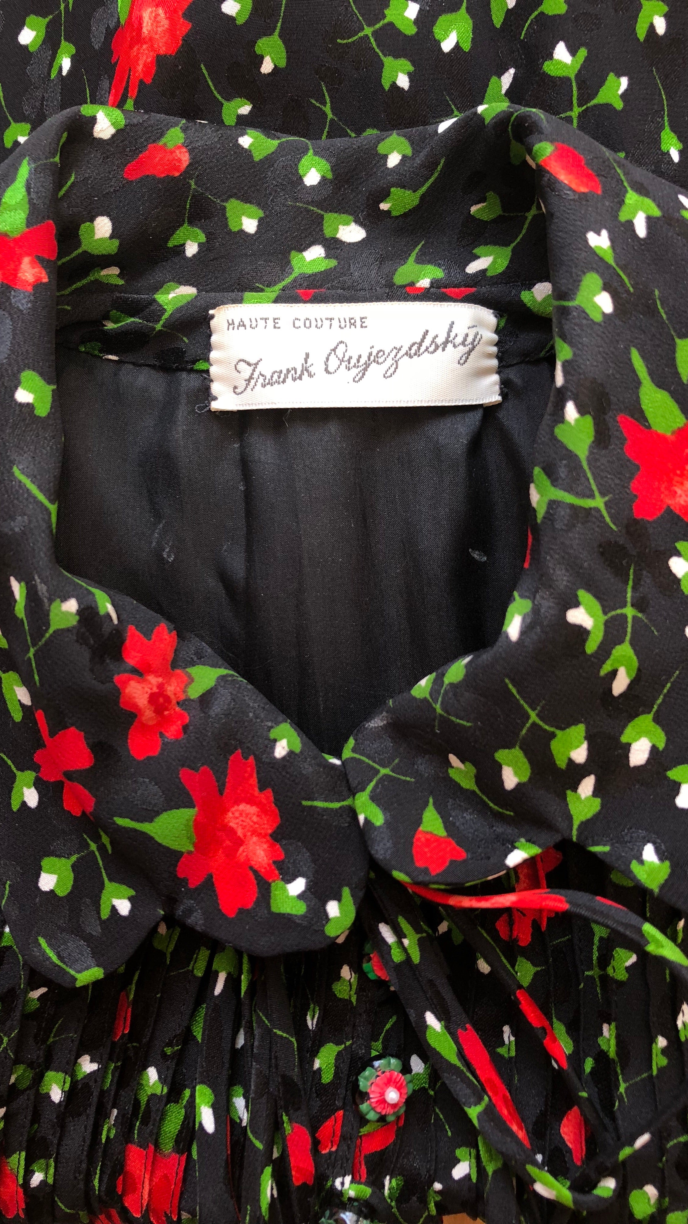 1970s Black & Red Floral Silk Bishop Sleeve Blouse