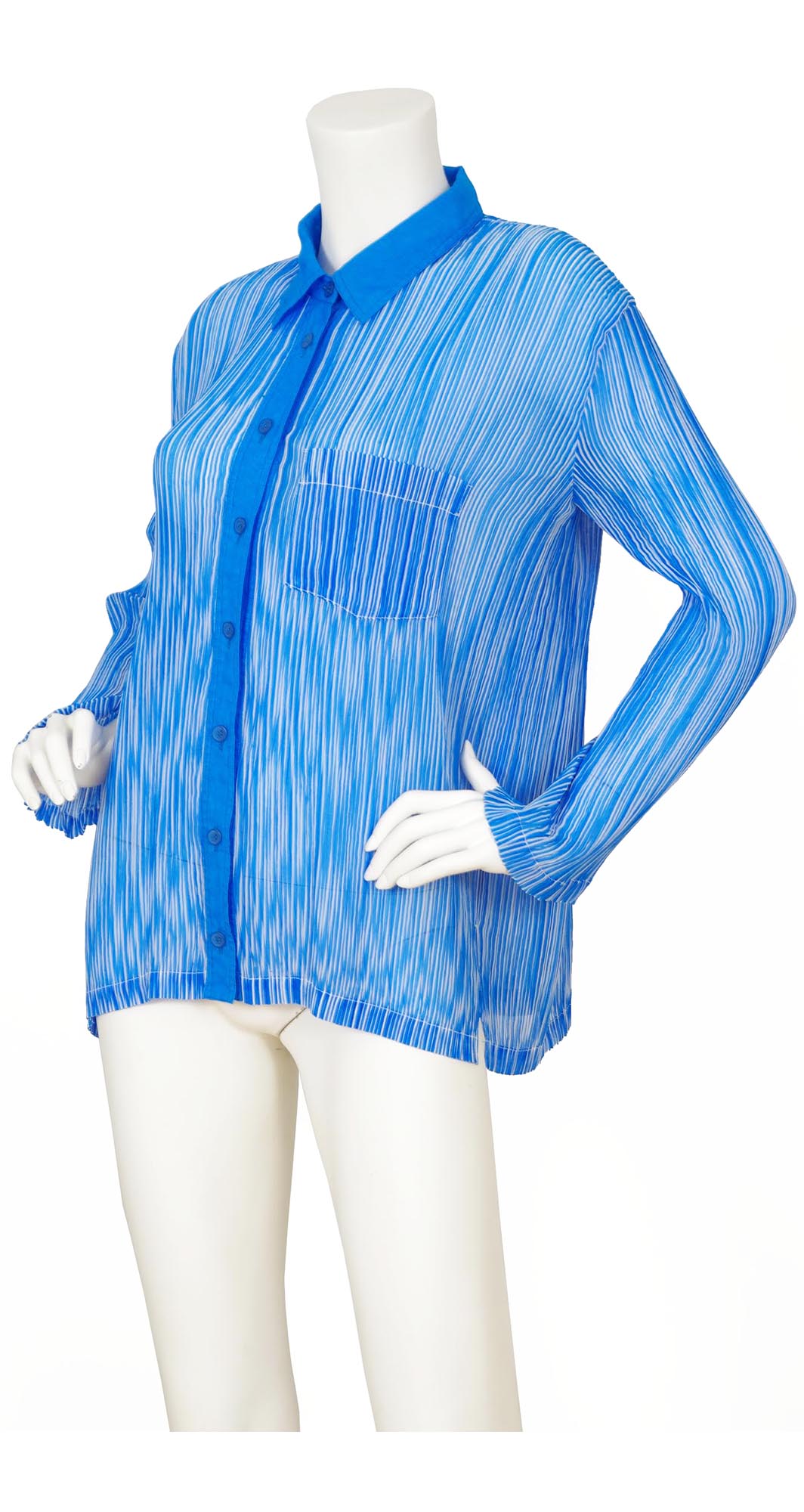 1990s Vibrant Blue & White Striped Pleated Blouse