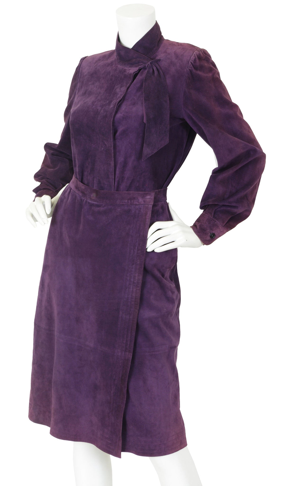1970s Dark Purple Suede Blouse & Wrap Skirt Set