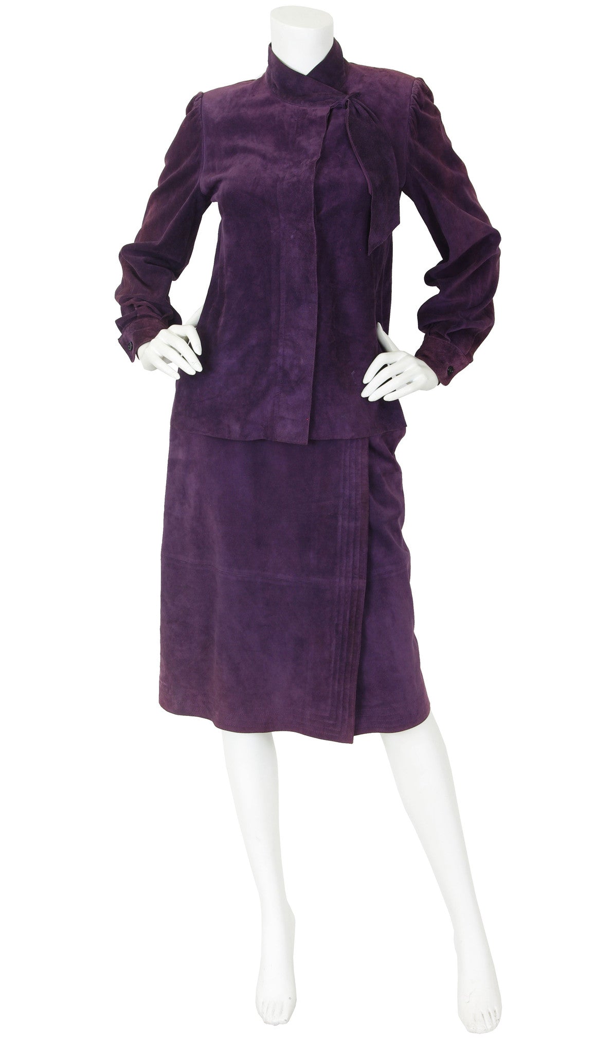 1970s Dark Purple Suede Blouse & Wrap Skirt Set