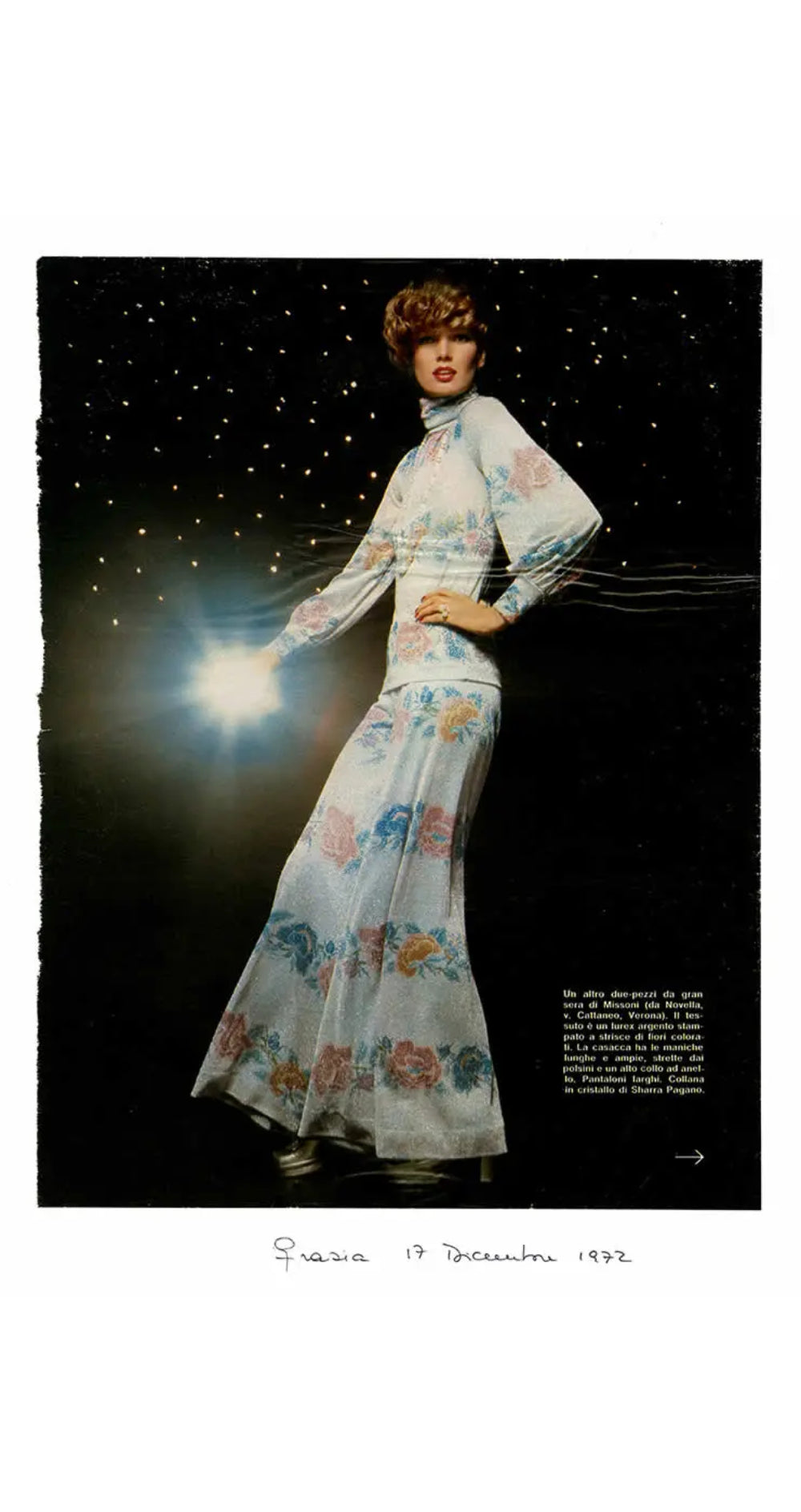 1972 Floral Blue Lurex Belted Button-Up Top