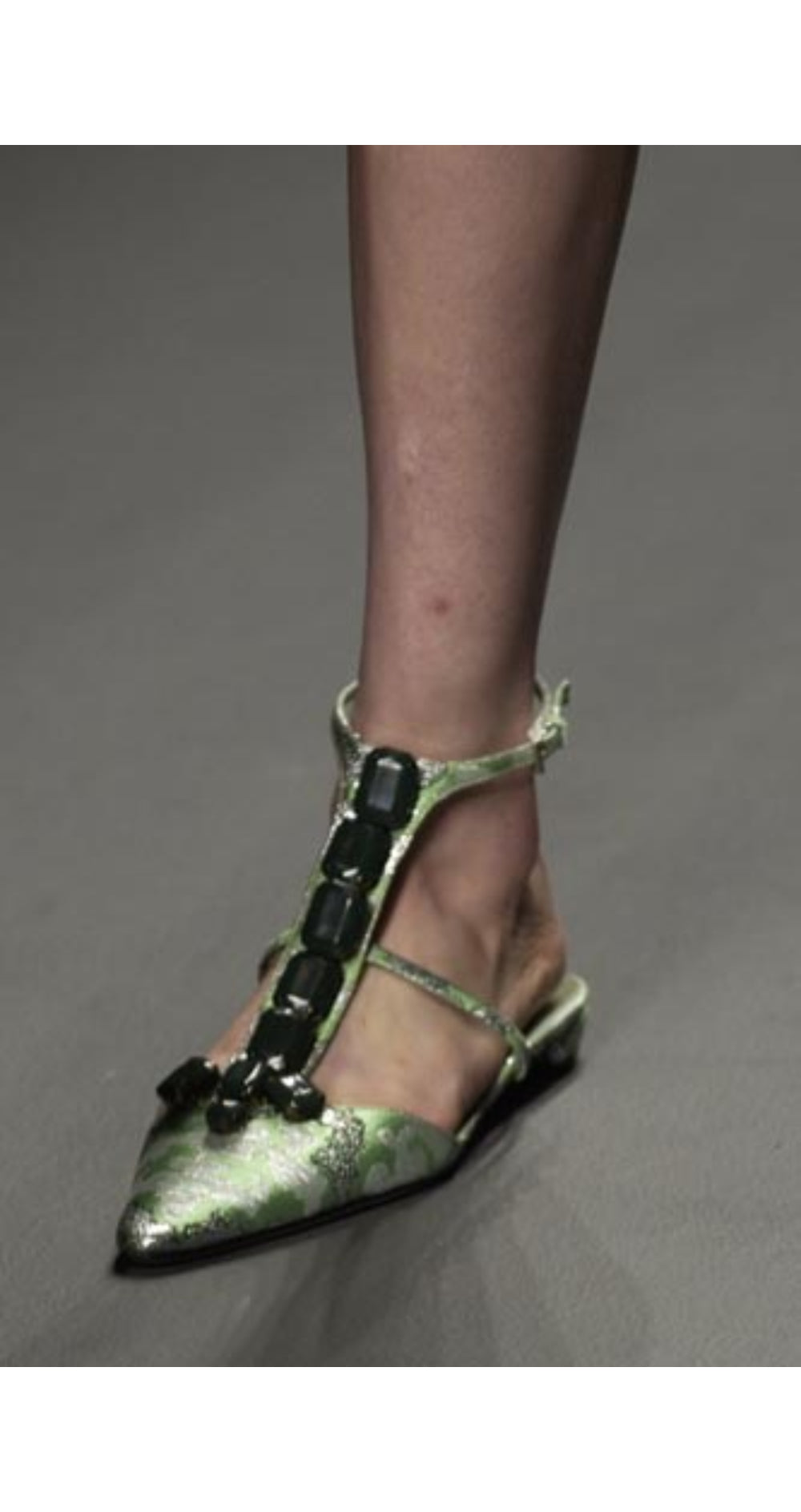 2003 S/S Runway Embellished Green Jacquard Ankle Strap Shoes