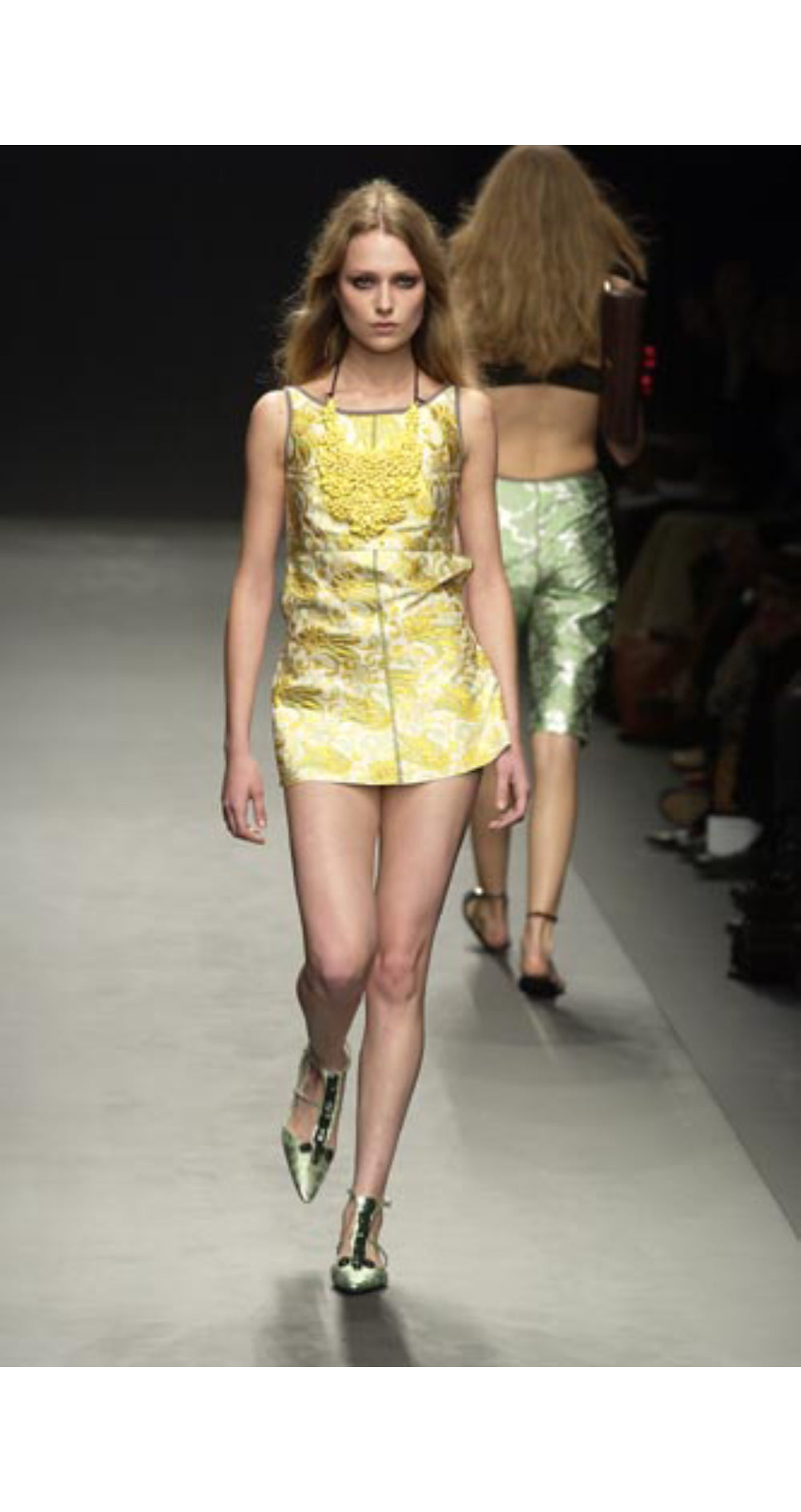 2003 S/S Runway Embellished Green Jacquard Ankle Strap Shoes