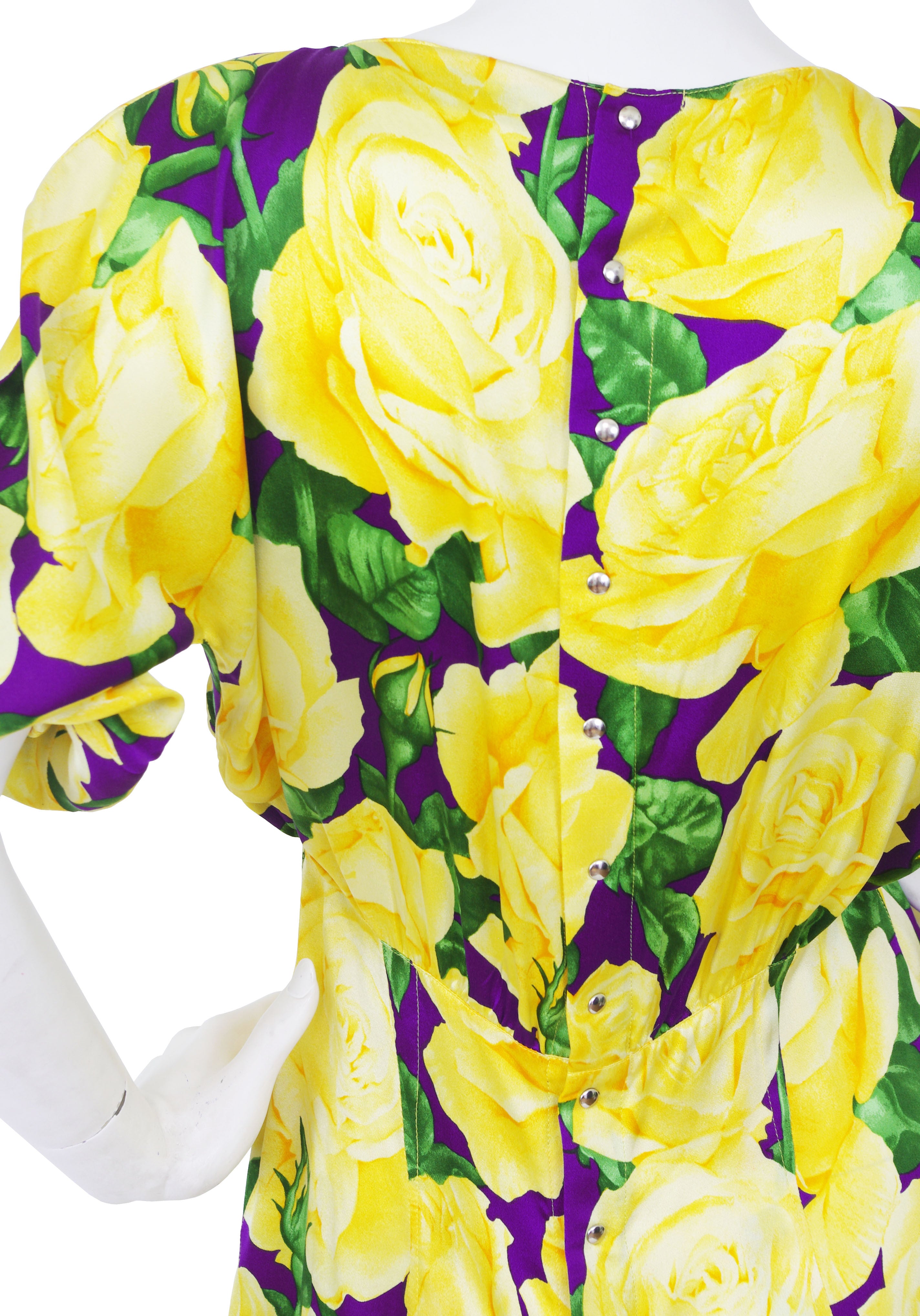 1980s Yellow Rose Floral Silk Bias Dress