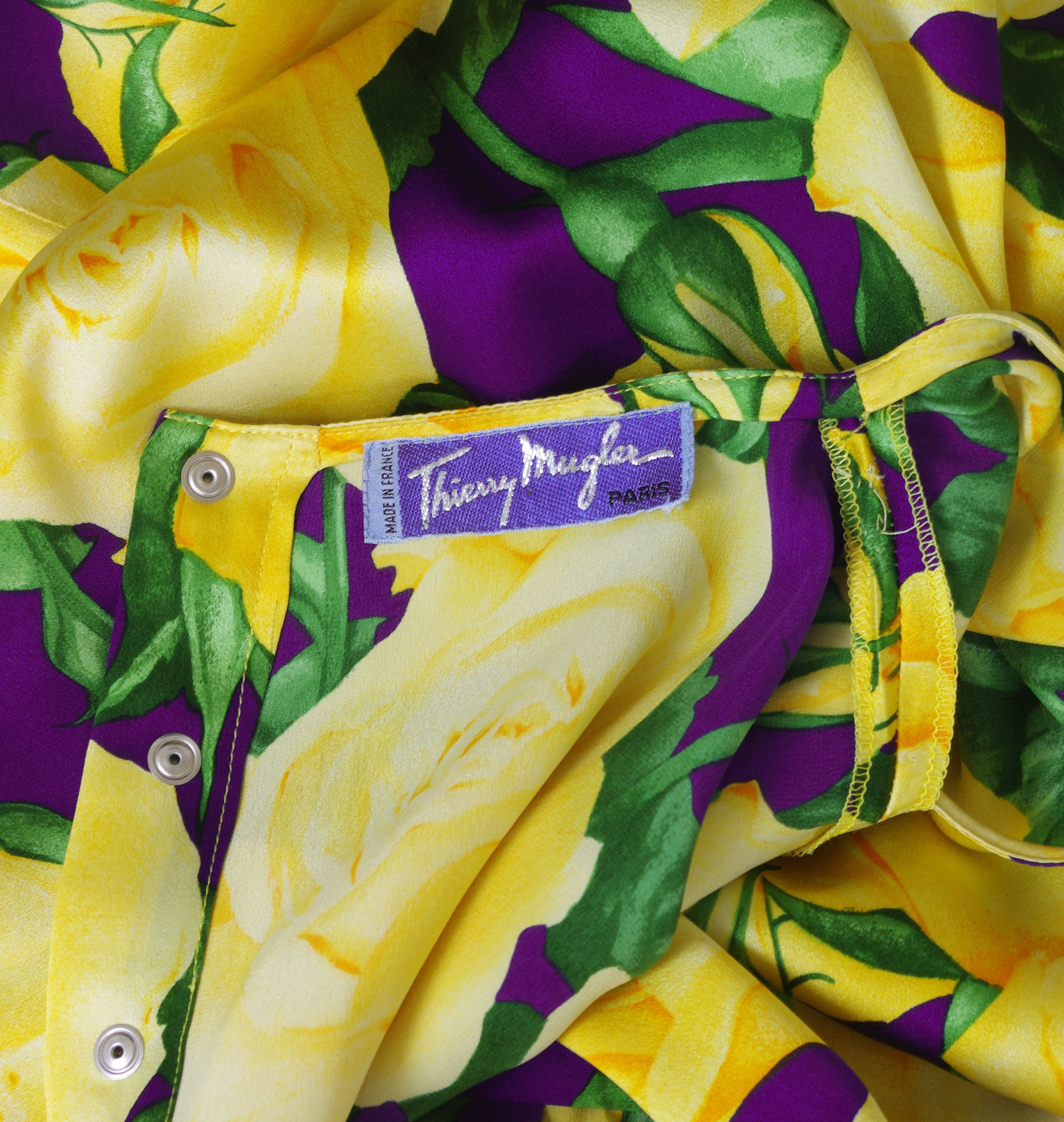 1980s Yellow Rose Floral Silk Bias Dress