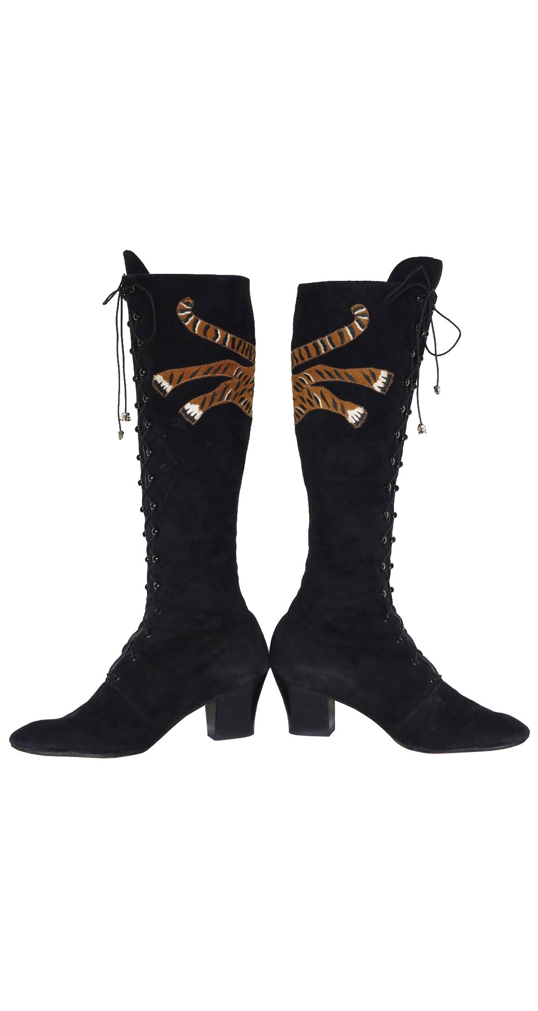 c. 1970 Embroidered Tiger Black Suede Lace-Up Boots