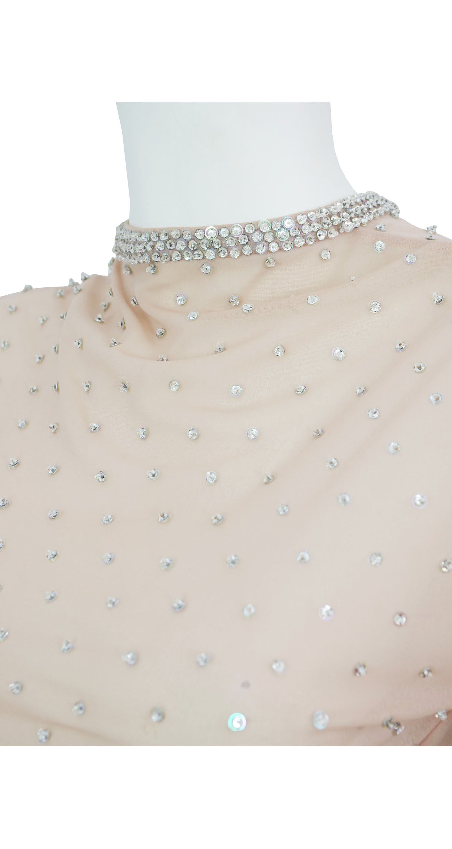 1970s Seductive Sheer Bust Beaded Nude Chiffon Evening Dress