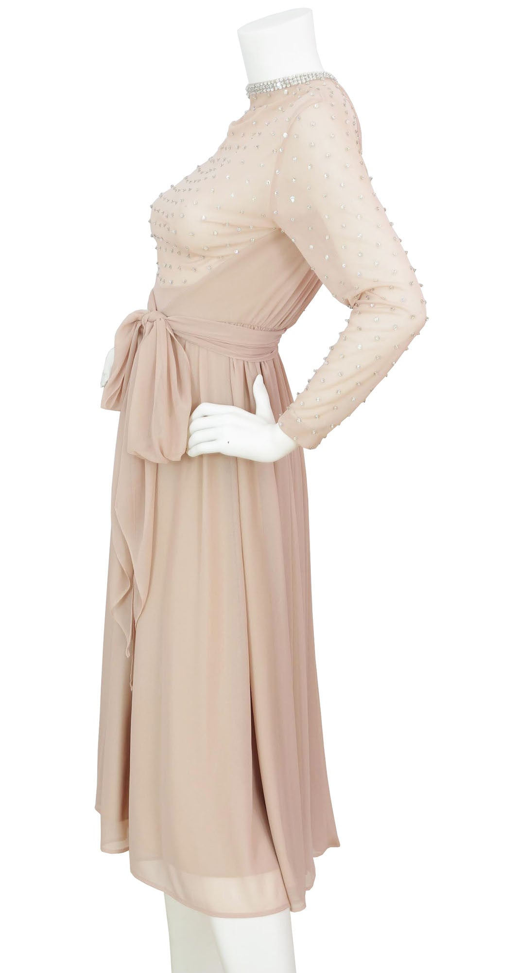1970s Seductive Sheer Bust Beaded Nude Chiffon Evening Dress