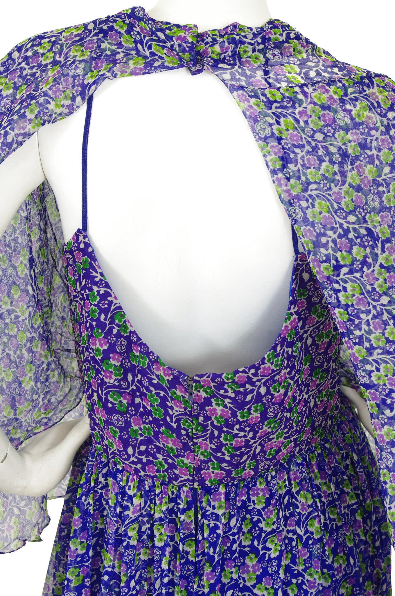 1970s Blue Floral Silk Chiffon Caftan Maxi Dress