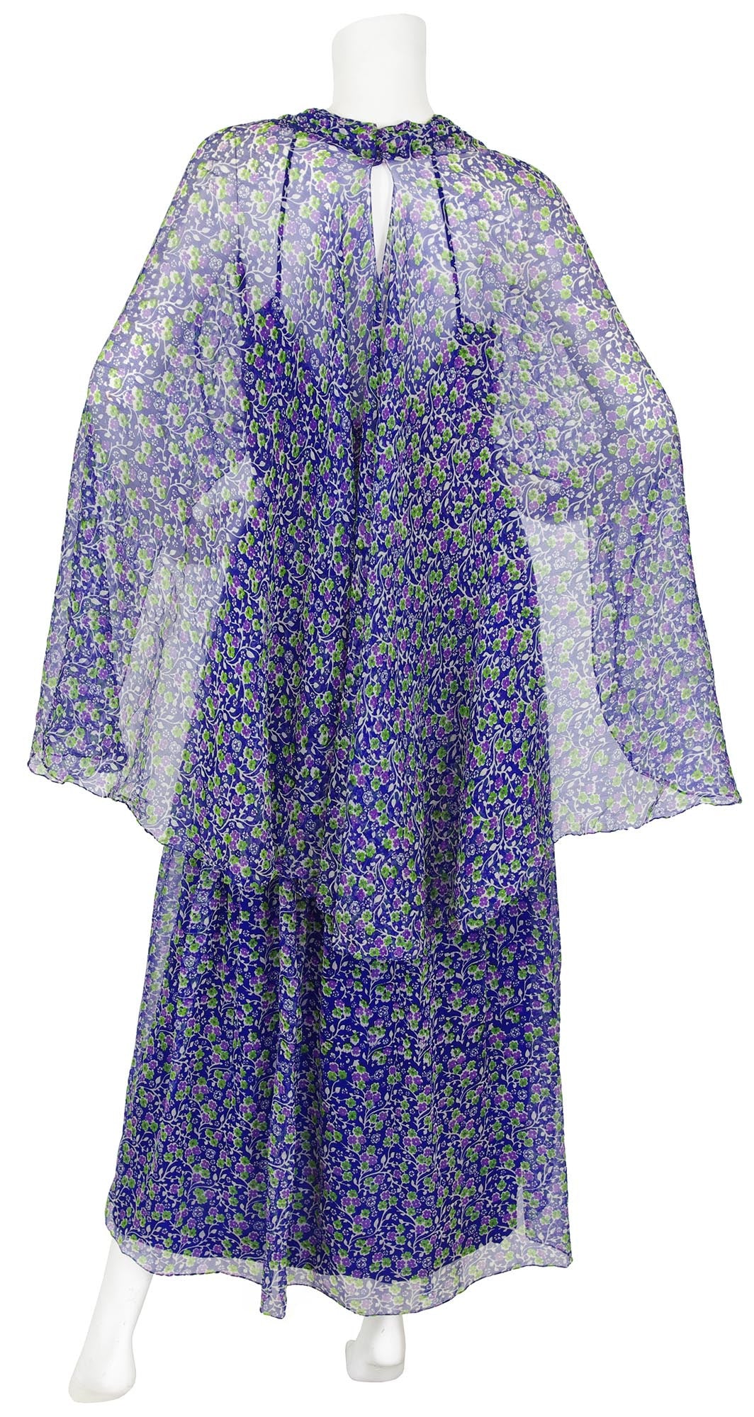 1970s Blue Floral Silk Chiffon Caftan Maxi Dress