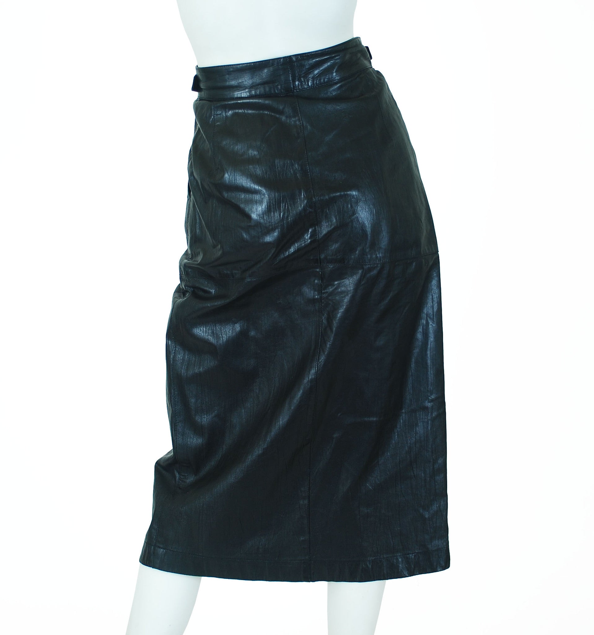 1980s Black Leather Cowhide Wrap Skirt