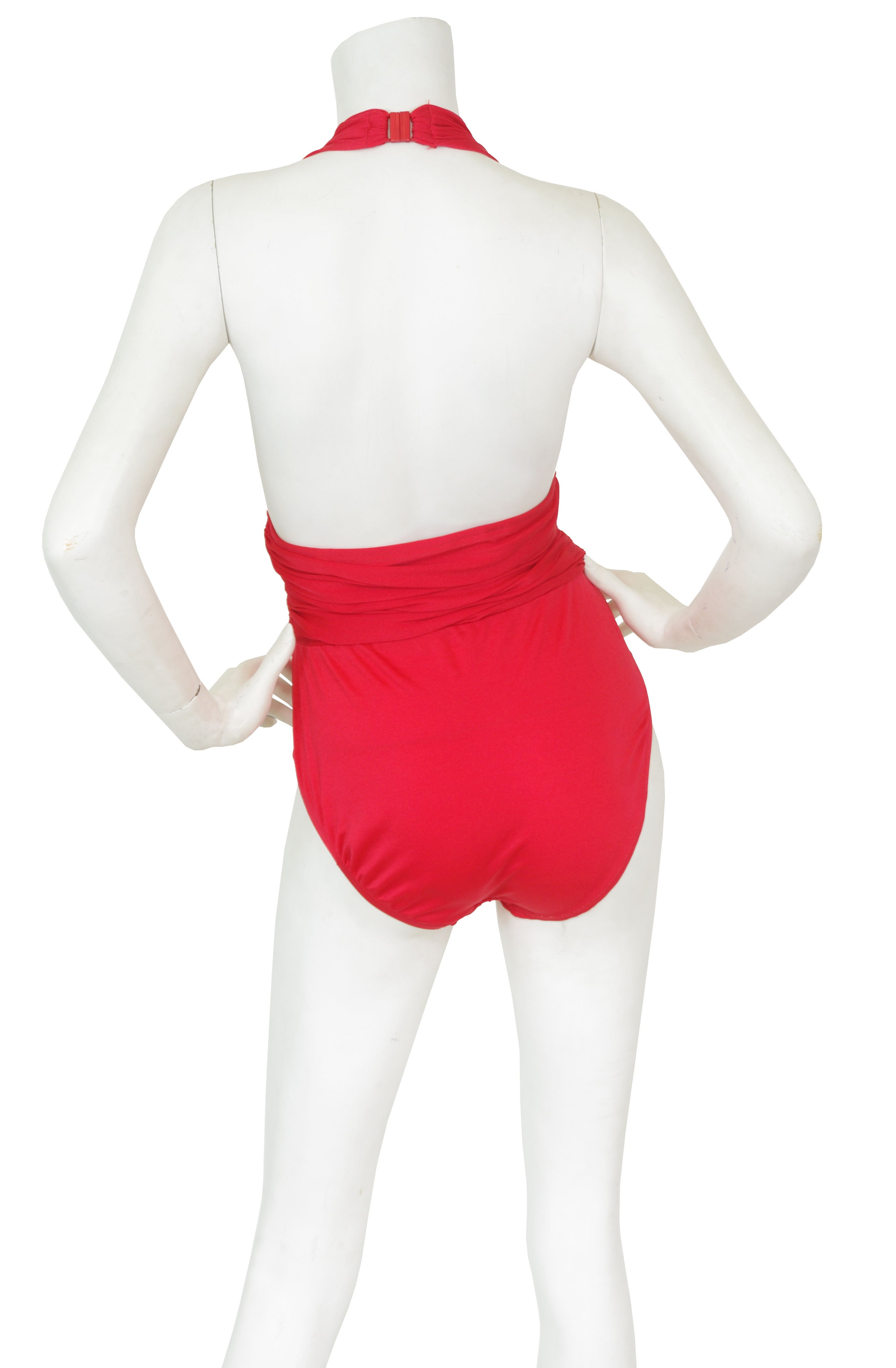 1980s Red Plunge Neck Halter Swimsuit