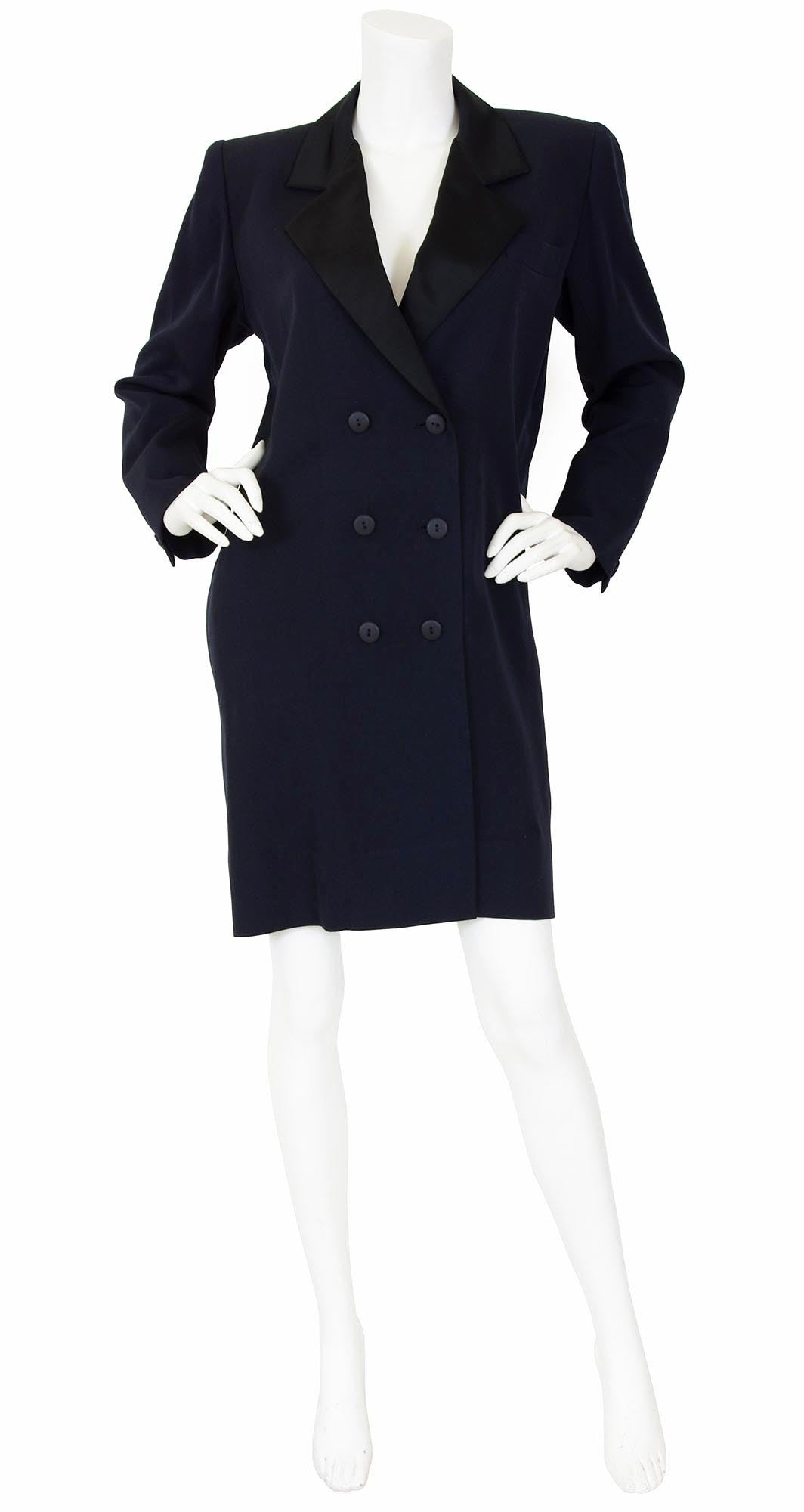 1980s Iconic Le Smoking Navy Wool Tuxedo Coat