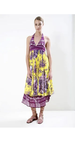 2008 Resort Fishbone Tattoo Print Red Mesh Halter Neck Dress