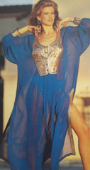 1991 Documented Gold Metallic Trim Blue Rayon Chiffon Caftan