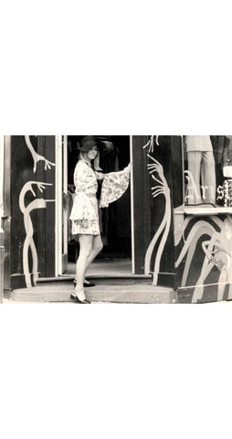 1960s Paisley Print White Trumpet Sleeve Mini Dress