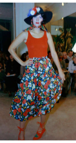 1974 S/S Runway Floral Cotton Tiered Midi Skirt