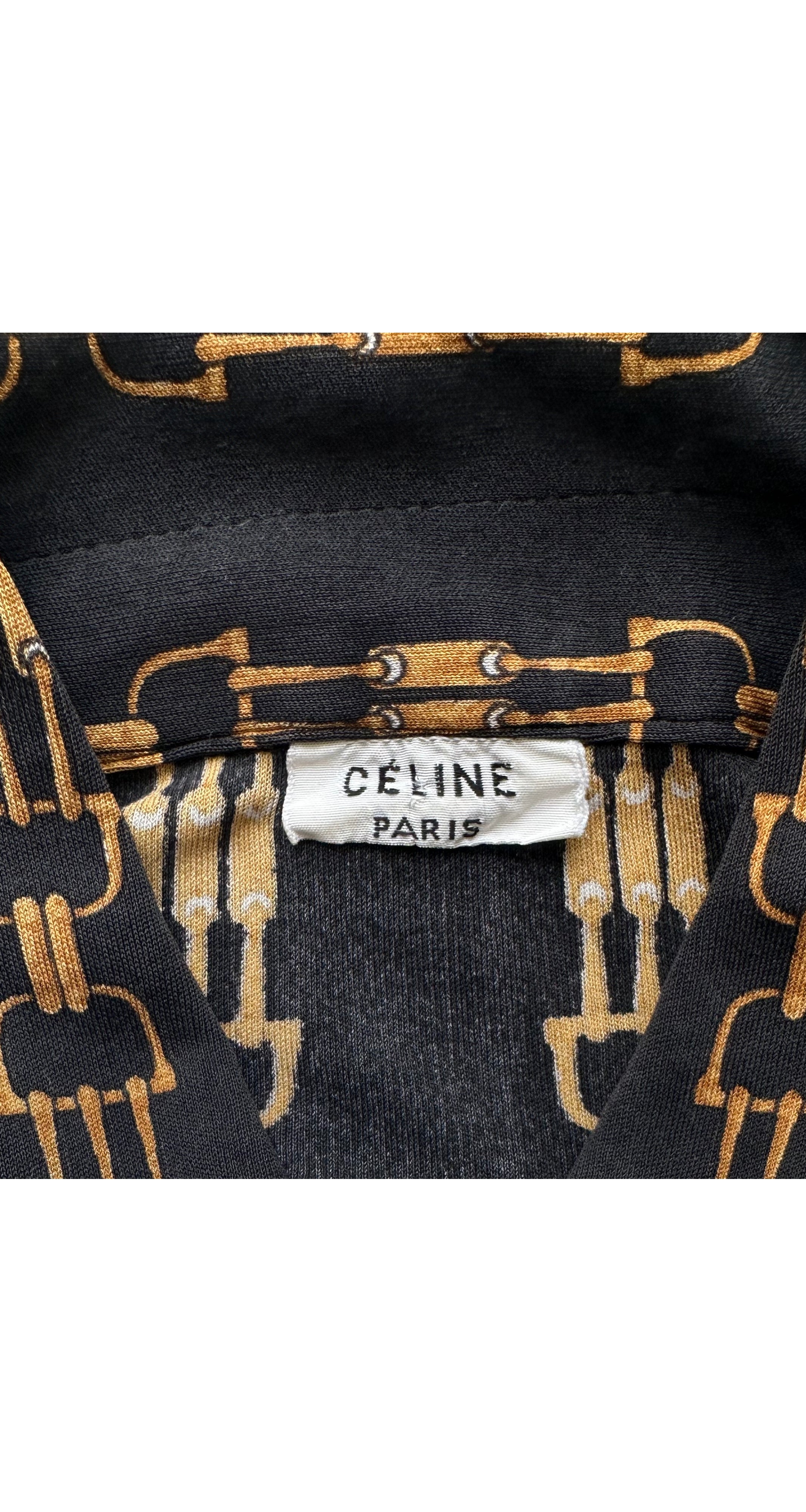 1973 Horsebit Print Black Silk Jersey Button-Up Shirt