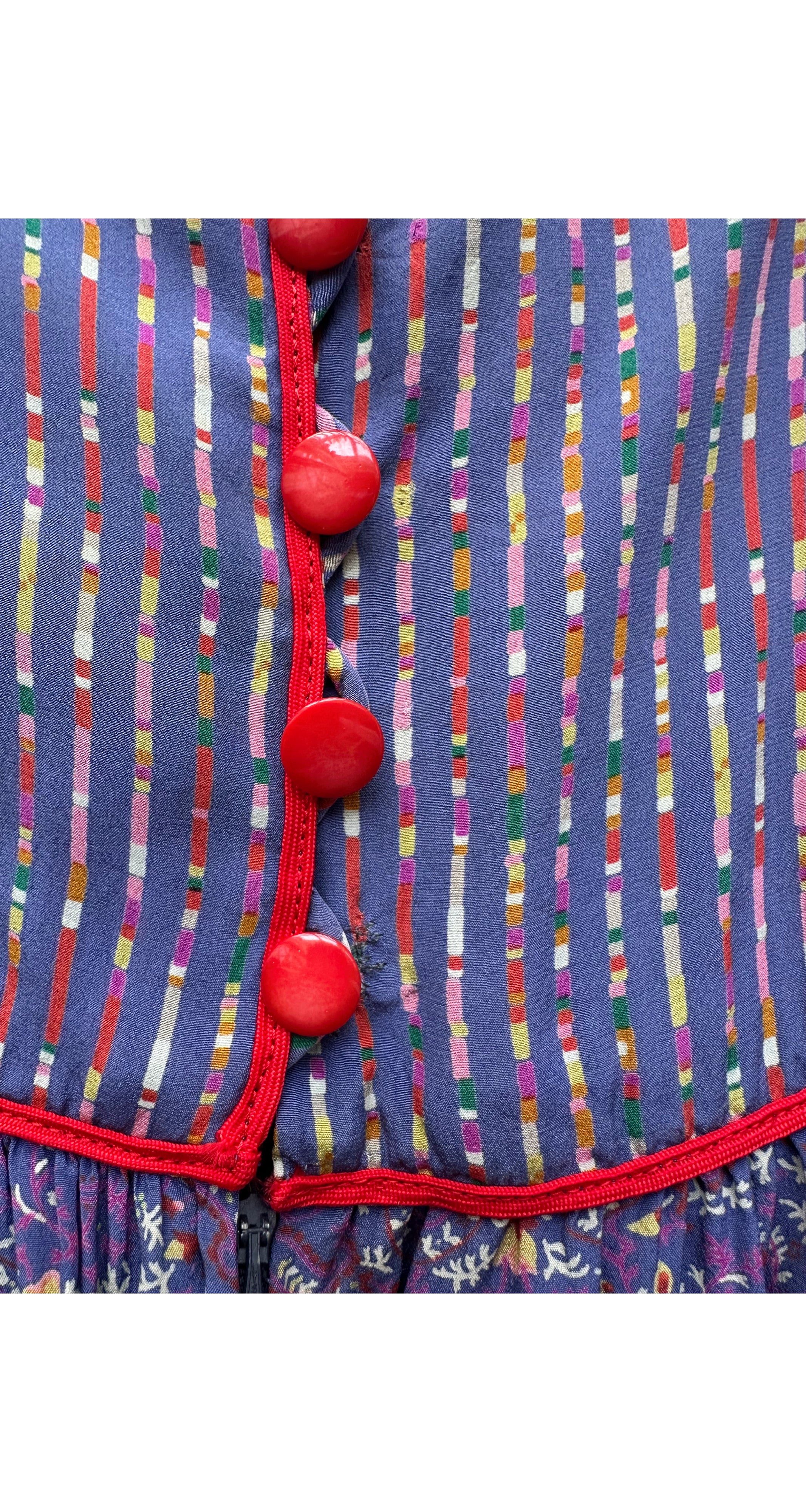 1977 S/S Paisley Blue Silk Balloon Sleeve Bib Dress